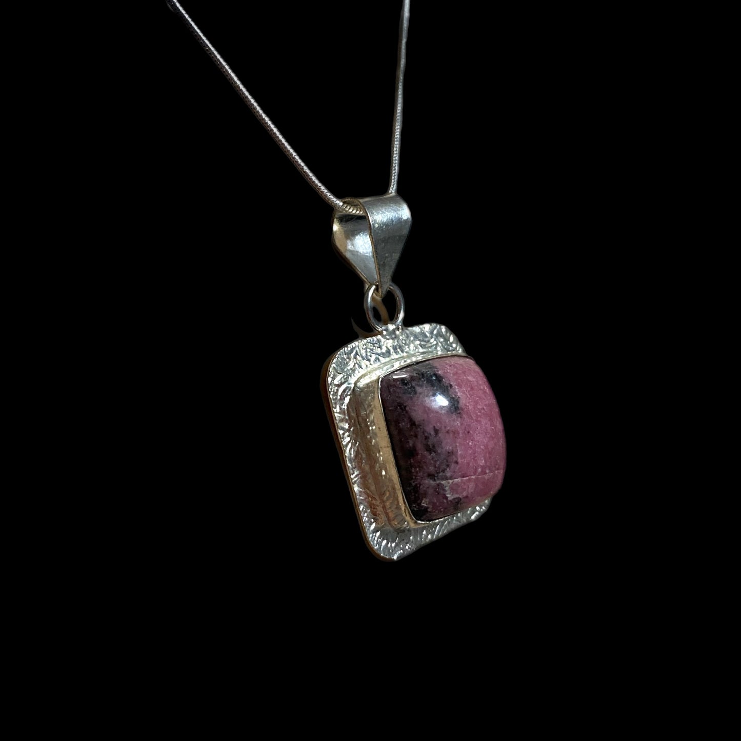 Pink Rhodonite Stone Pendant Necklace Silver Plate Metal Bezel Healing Stone 16”