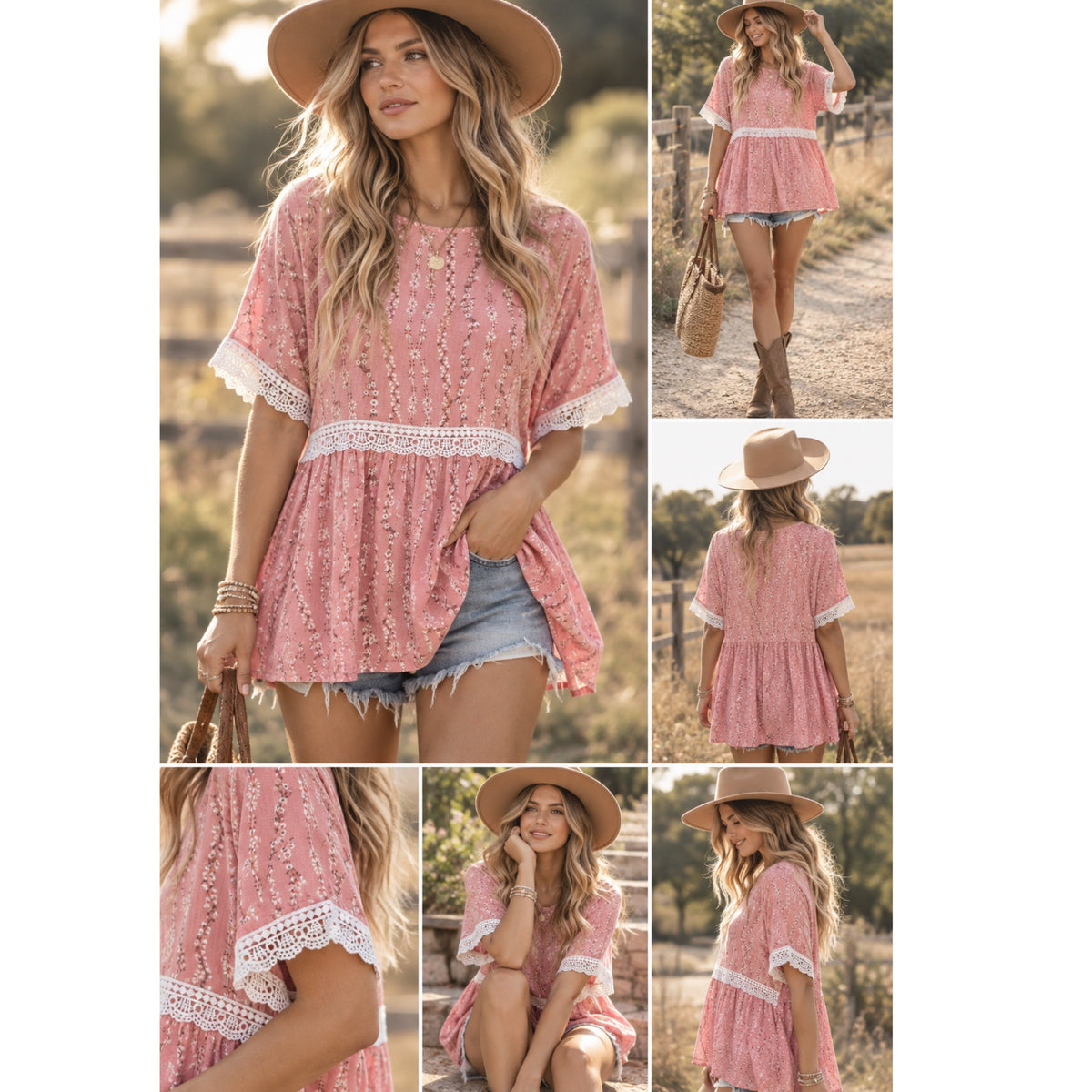 HAPTICS Pink Coral Floral Cottage Crochet Short Sleeve Blouse Top