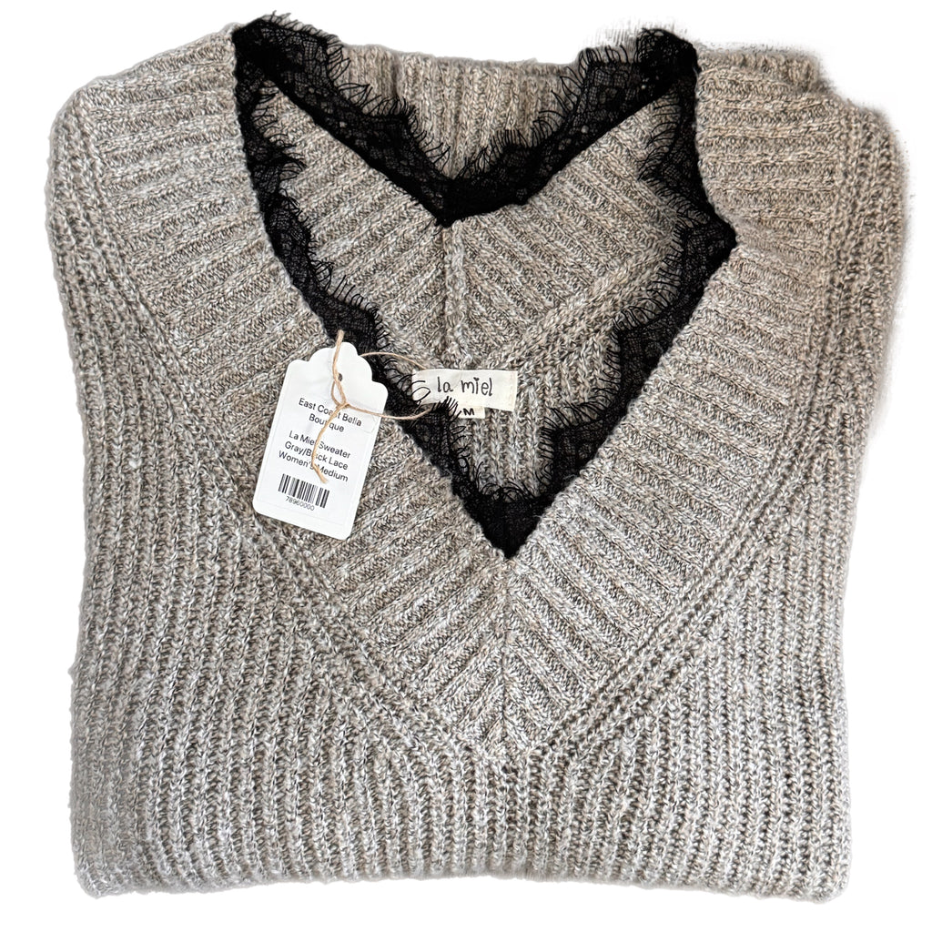 La Miel Boho Heather Beige Lace Trim V-Neck Ribbed Knit Sweater