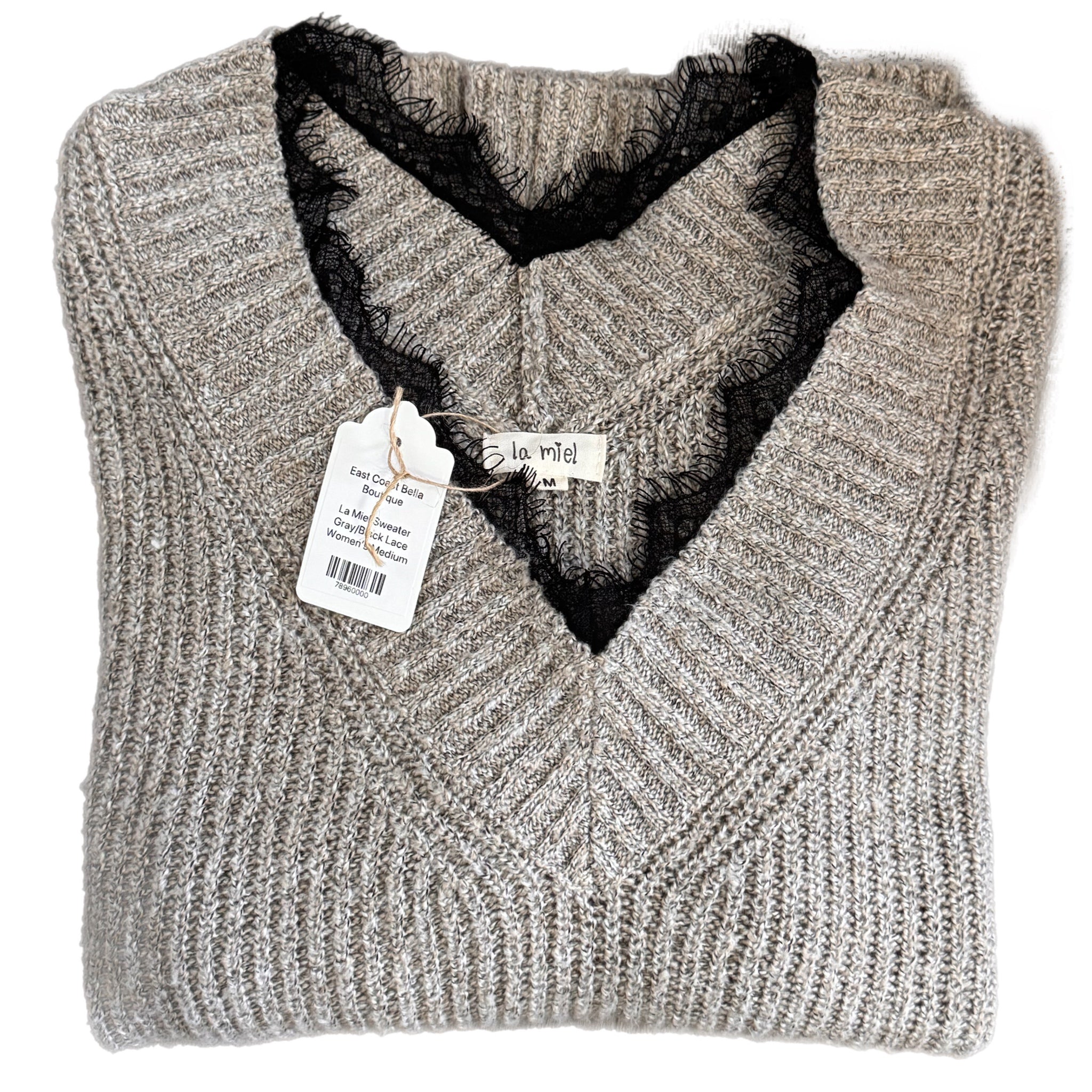 La Miel Boho Heather Beige Lace Trim V-Neck Ribbed Knit Sweater