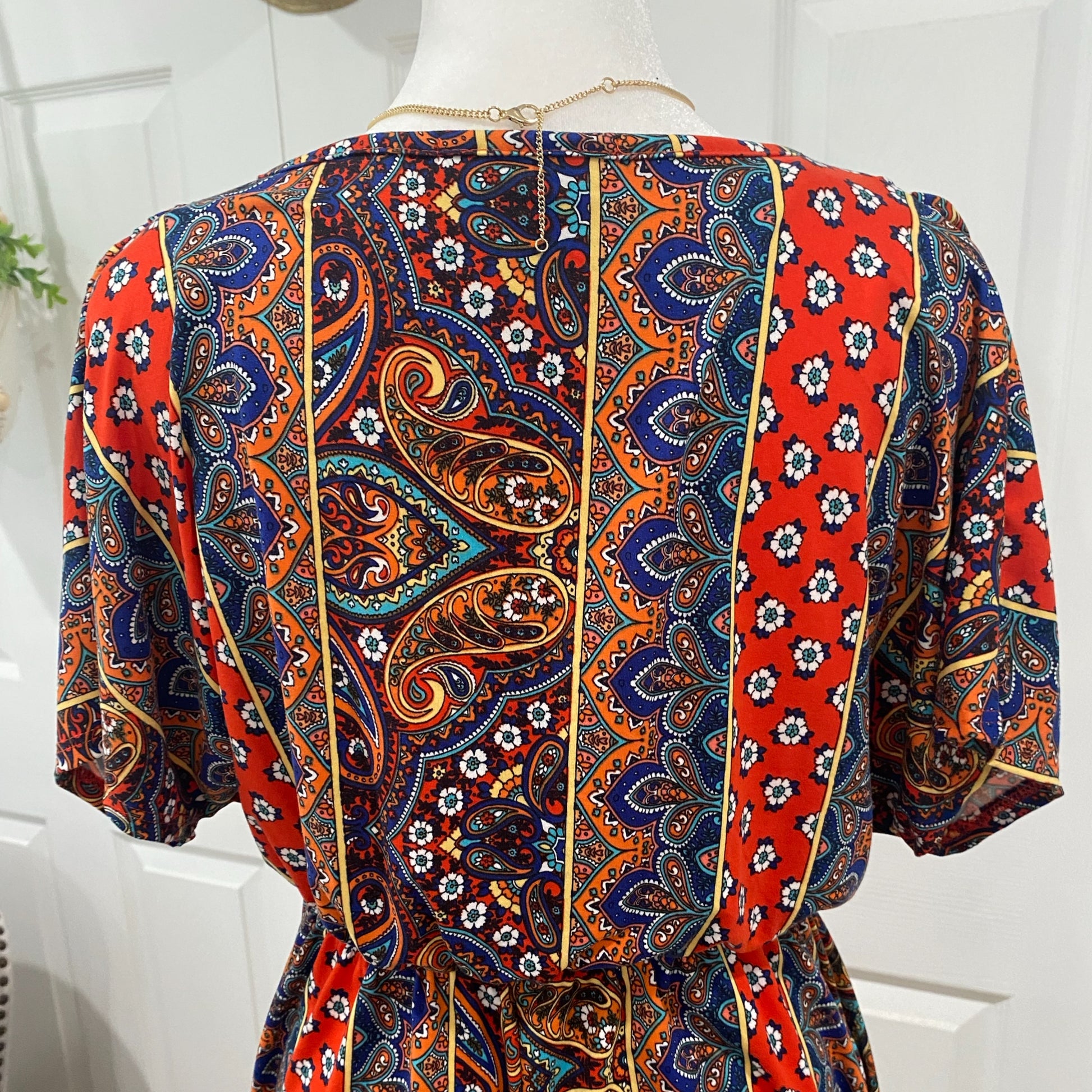 HAPTICS By HOLLY HARPER Sunset Orange Boho Paisley Surplice V Neck Pocketed Dress - East Coast Bella LLC