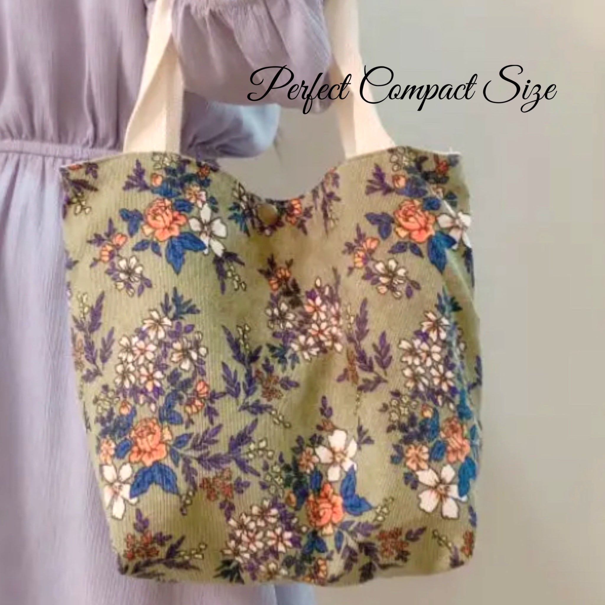 Vintage Style Artistic Floral Corduroy Small Tote in Sage Green w/Pink Flowers - East Coast Bella LLC