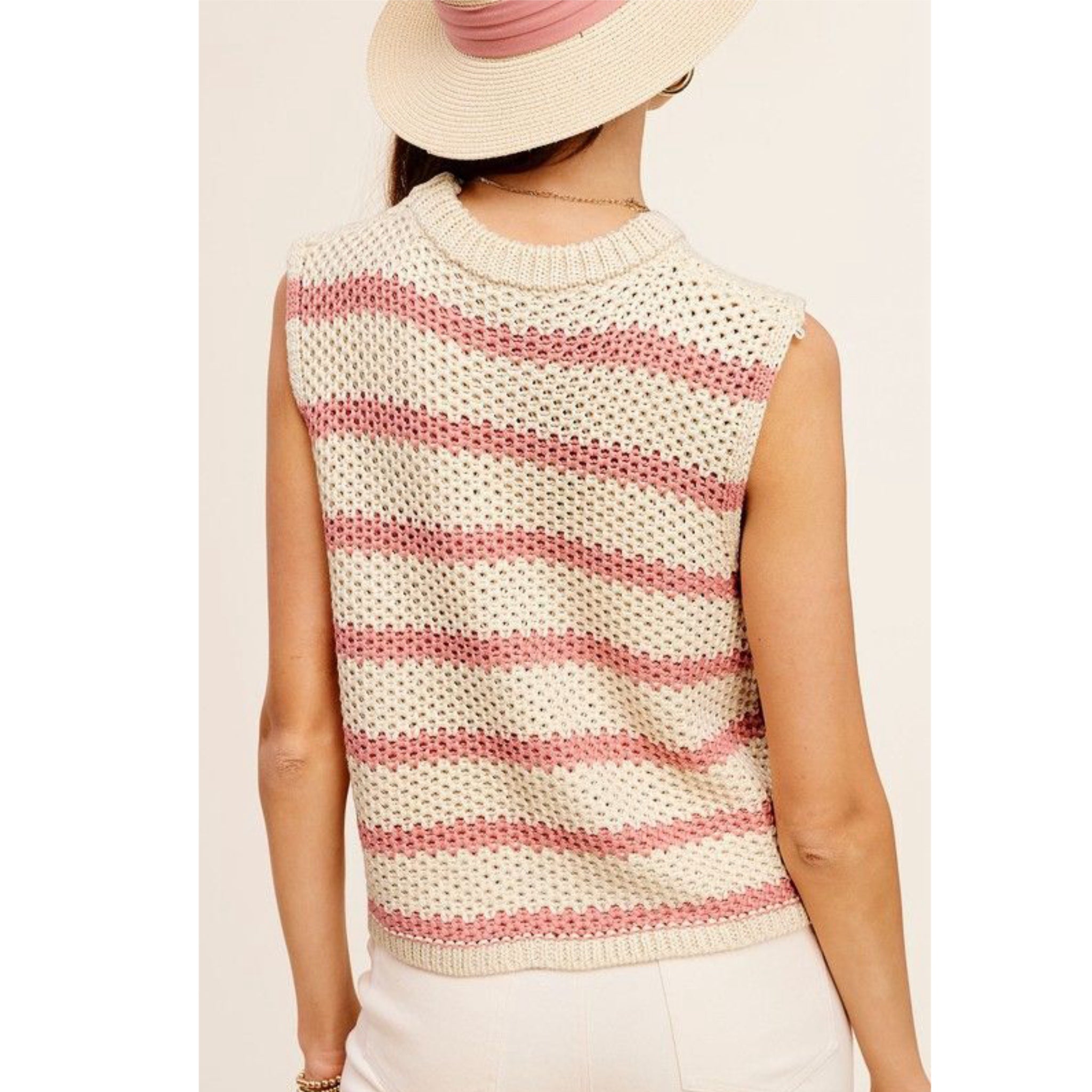 LA MIEL Coastal Open Knit Sweater Vest in Coral Beige Stripe