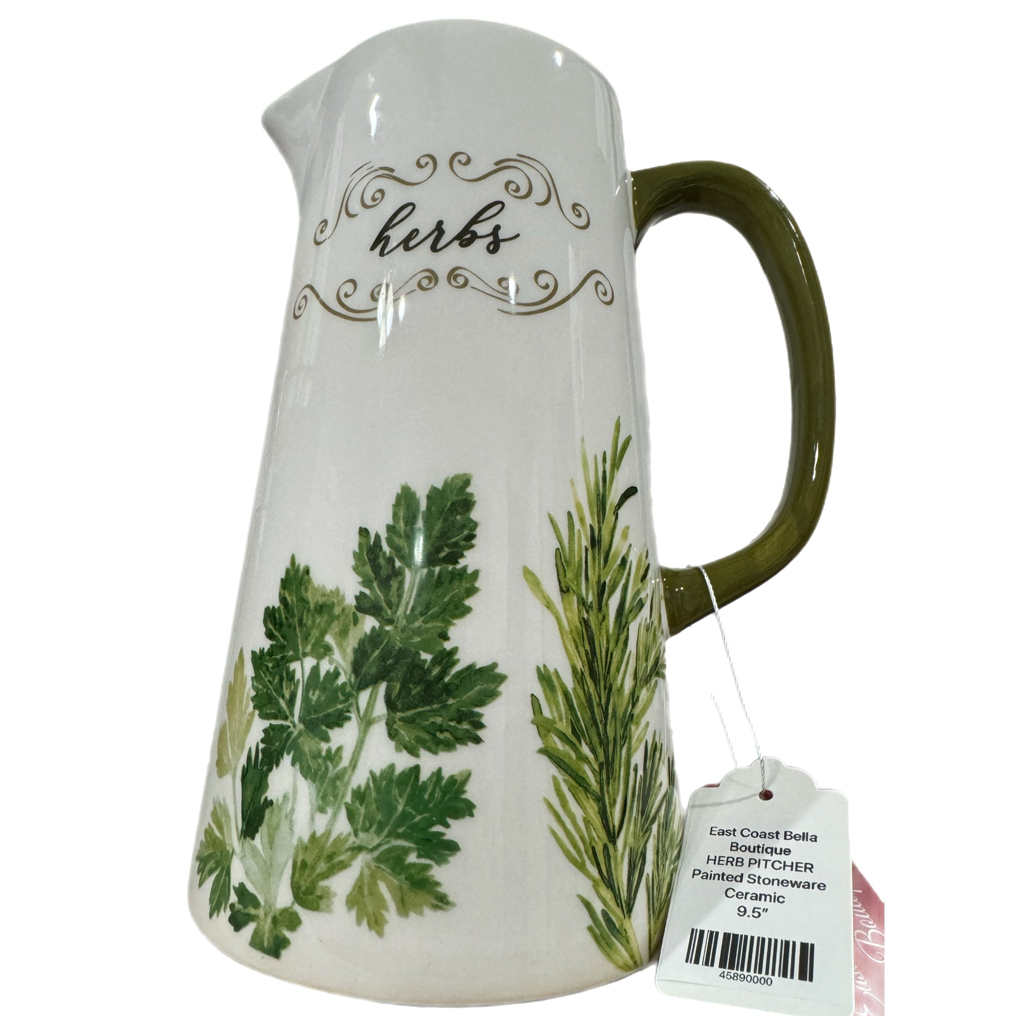 SULLIVANGIFT Ceramic Pitcher “Herbs” Painted Drink Container Green White 9.5”