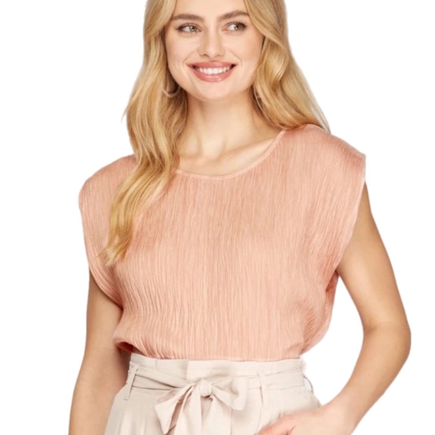 She + Sky Womens Blush Pink Top Short Cap Sleeve Shirt Crinkle Blouse S-L - East Coast Bella LLC