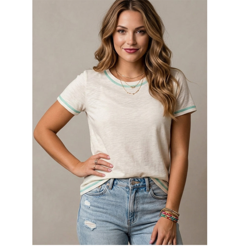 Daisy Rae Coastal Breeze Contrast Stitch Tee Shirt Cream & Seafoam