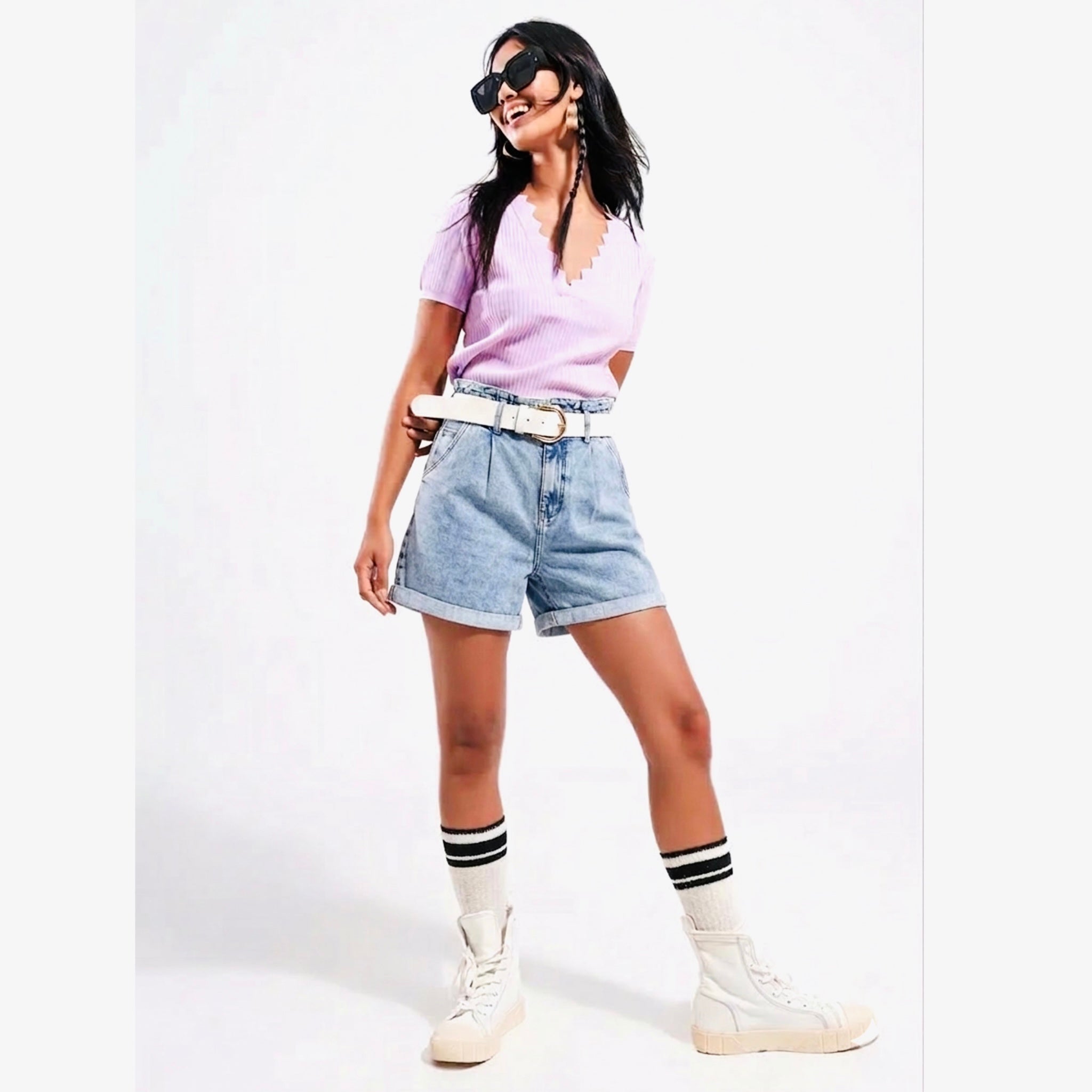 Q2 Vintage 90s Style High Rise Baggy Denim Jean Shorts Spanish Design