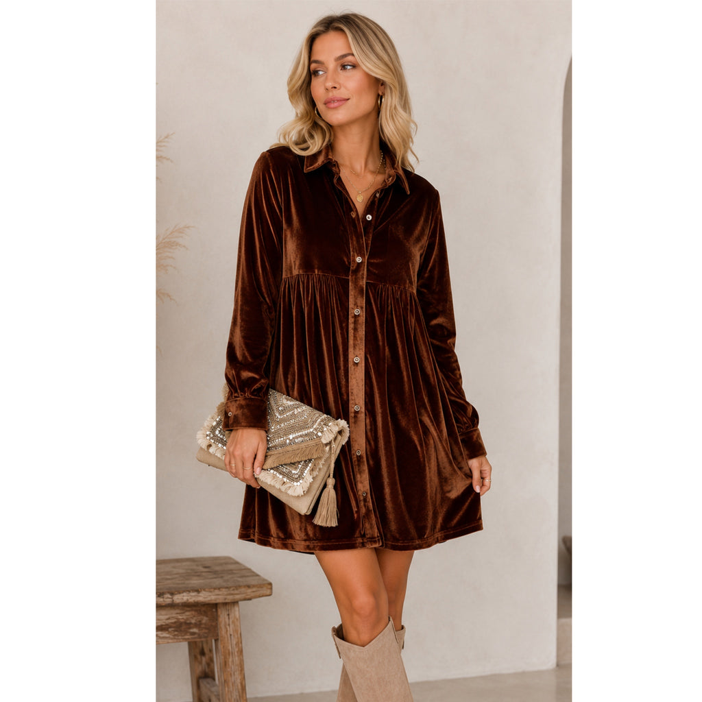 La Miel Velvet Button-Down Mini Dress in Autumn Smoked Topaz