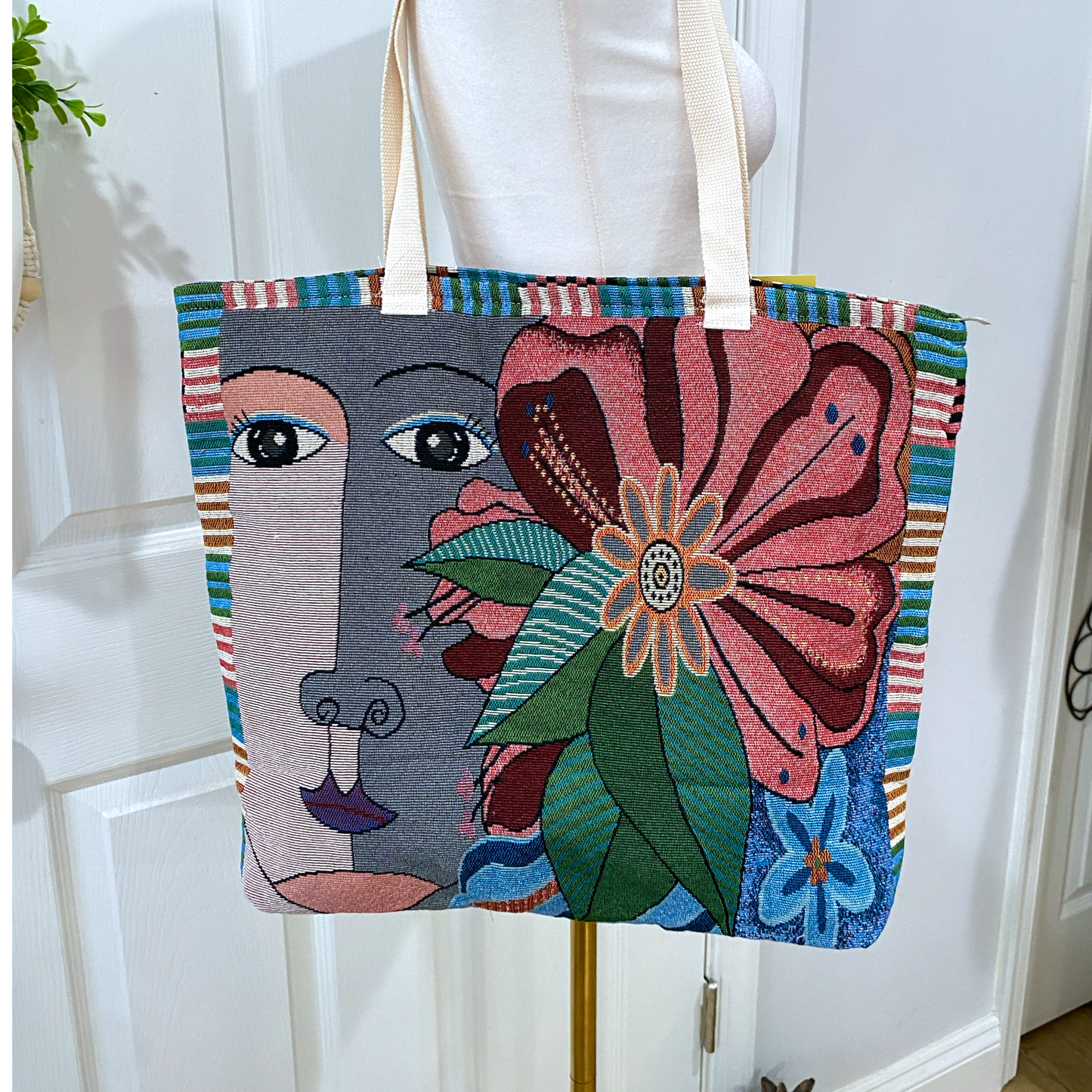 Mediterranean Summer Embroidered Tote Bag Zip Closure 18x16” - East Coast Bella LLC