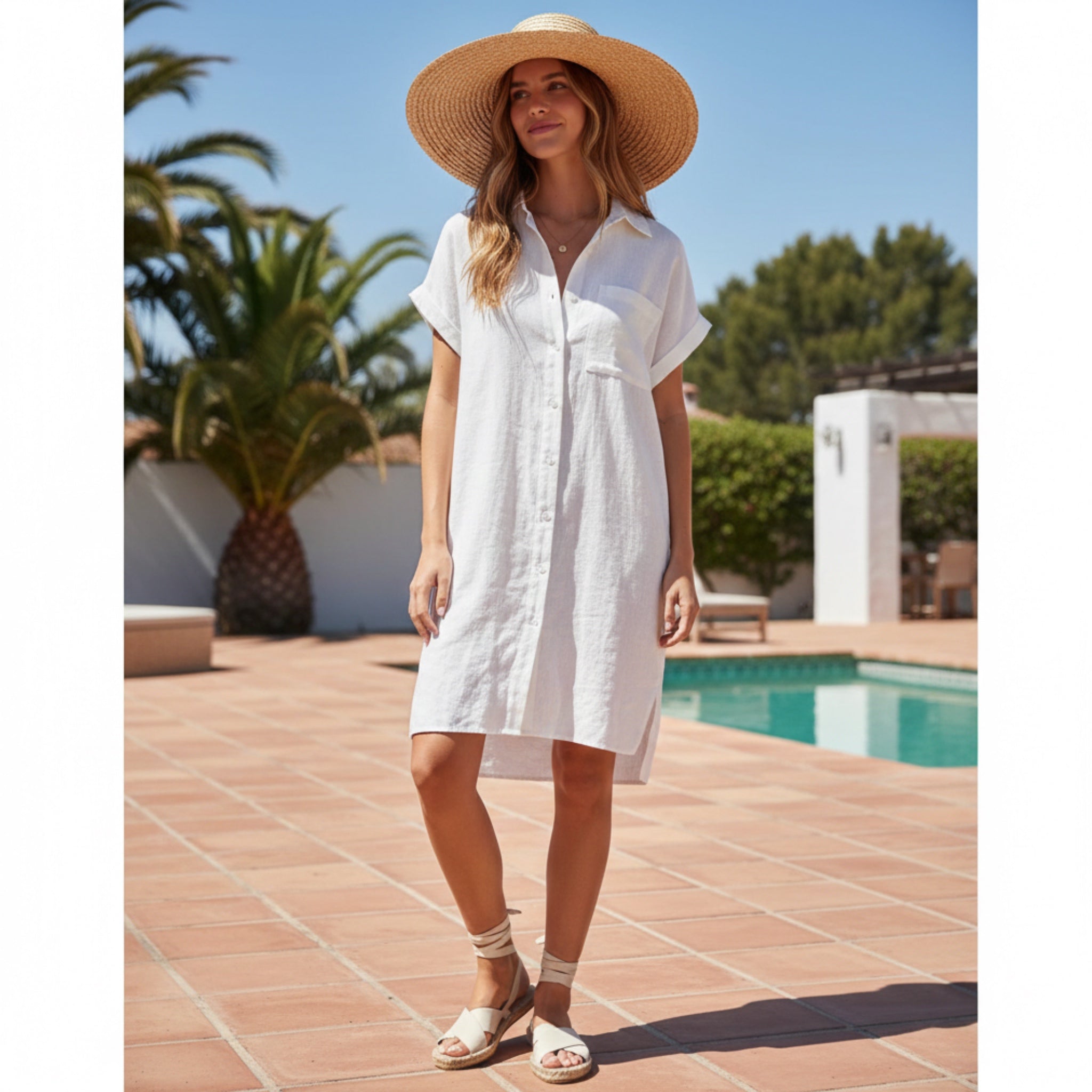 CALVIN KLEIN Womens White Linen Blend Button Front Midi Shirt Dress Size 4