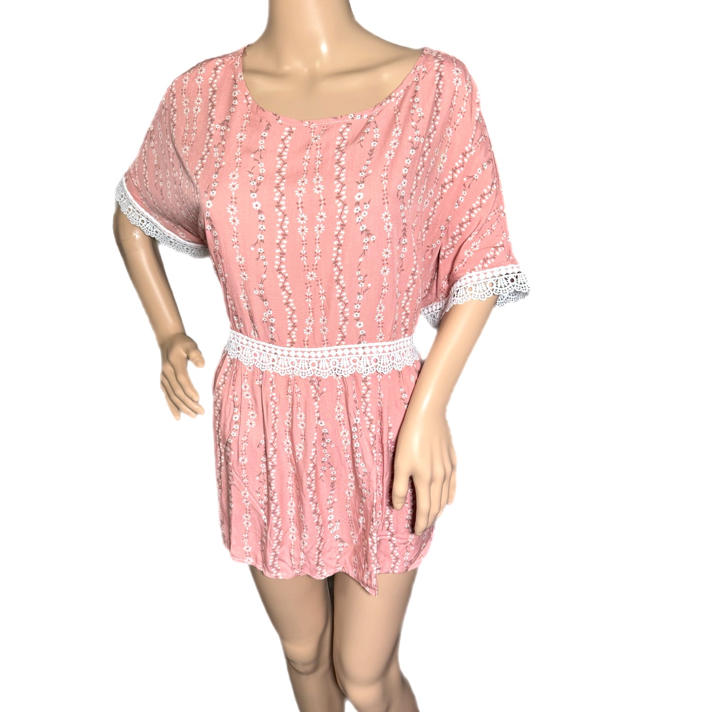 HAPTICS Pink Coral Floral Cottage Crochet Short Sleeve Blouse Top