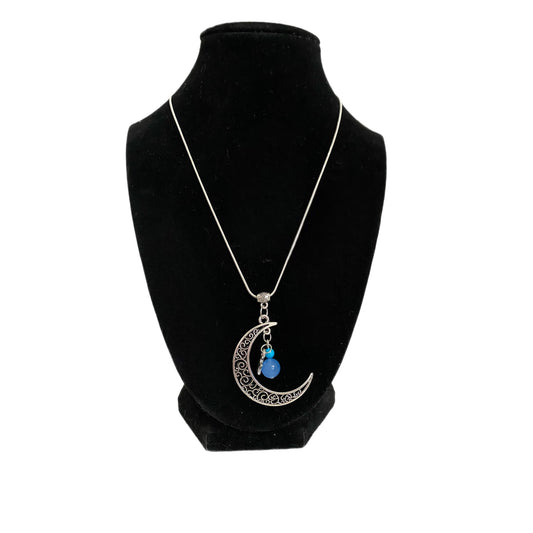 Silver Tone Filigree Celestial Moon Pendant Necklace Blue Stone Bead Charms 18” Silver Plate Chain - East Coast Bella LLC