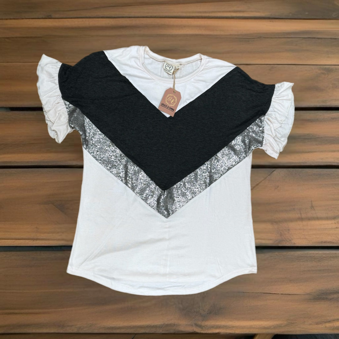SOUTHERN GRACE Dancing Queen Cotton Knit Blouse V Neck Short Ruffle Sleeve