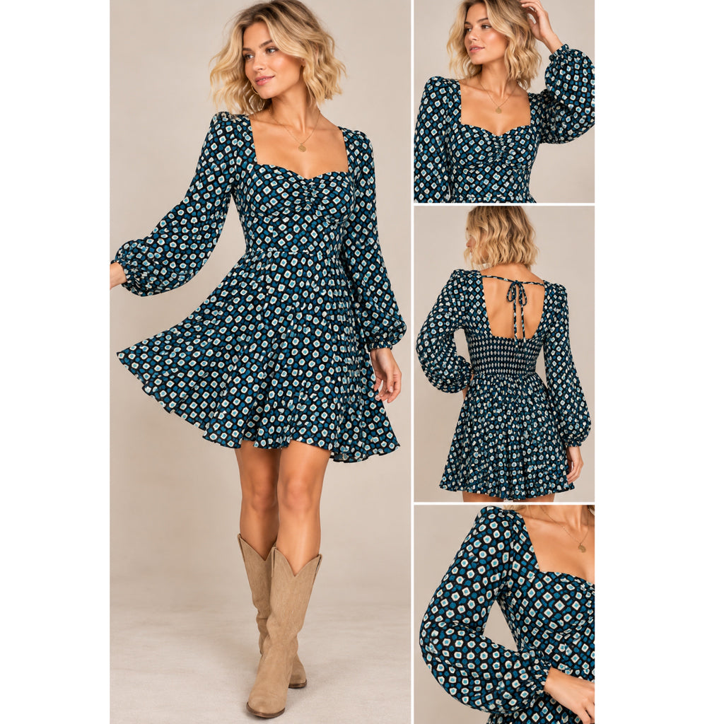 BAND OF THE FREE Genevieve Autumn Teal Diamond Long Sleeve Mini Dress