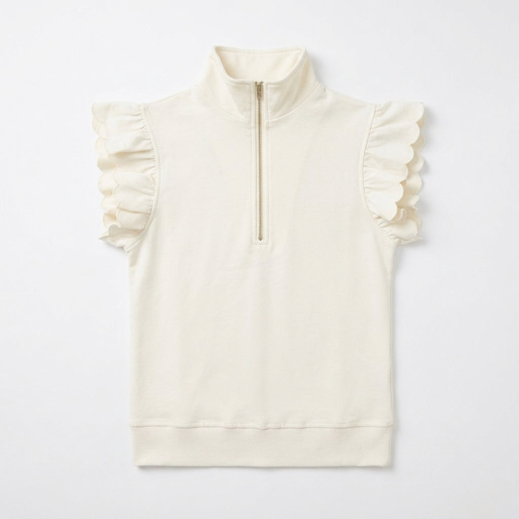 Preppy Aesthetic Quarter-Zip Ruffle Short Sleeve Sweater Top Creamy Beige