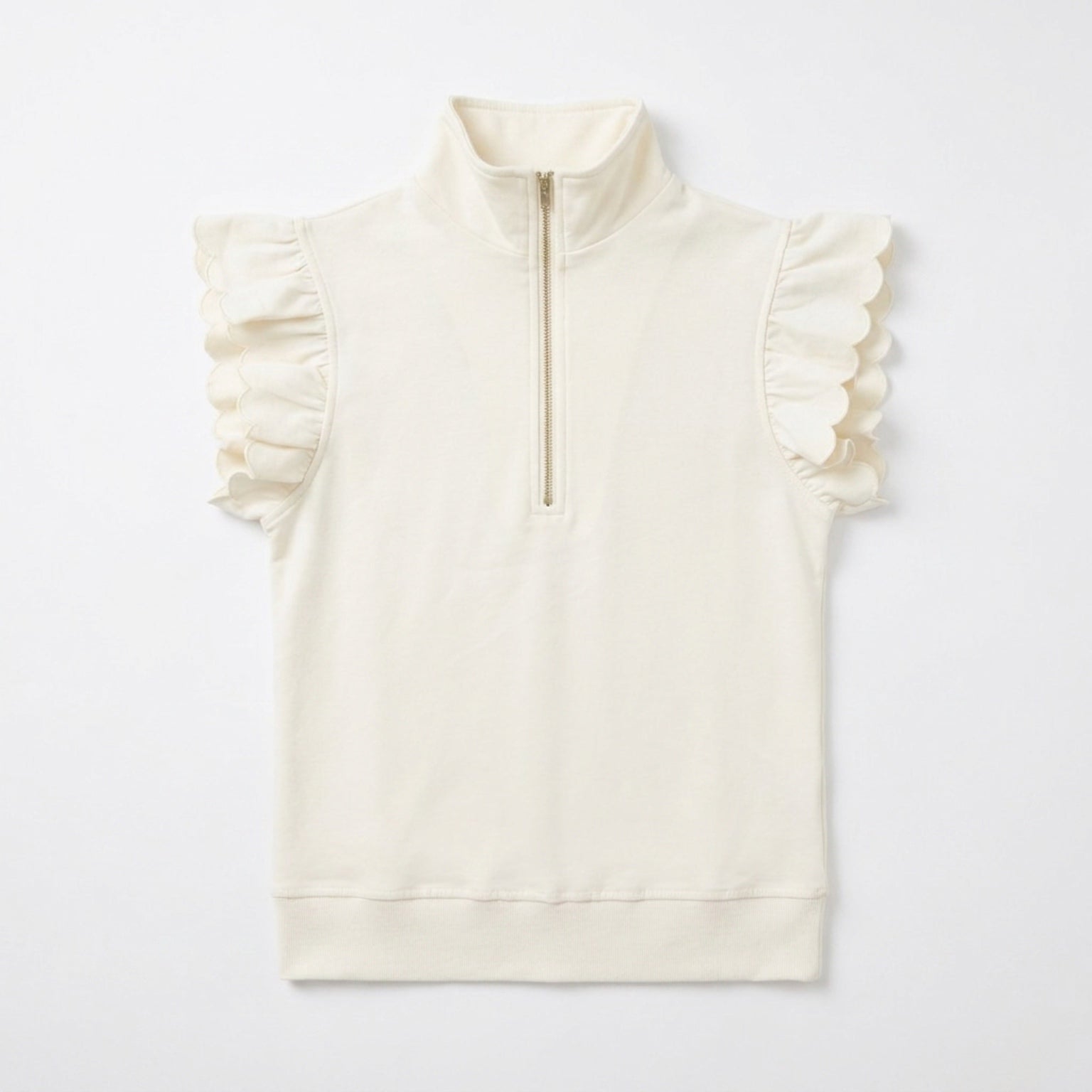 Preppy Aesthetic Quarter-Zip Ruffle Short Sleeve Sweater Top Creamy Beige