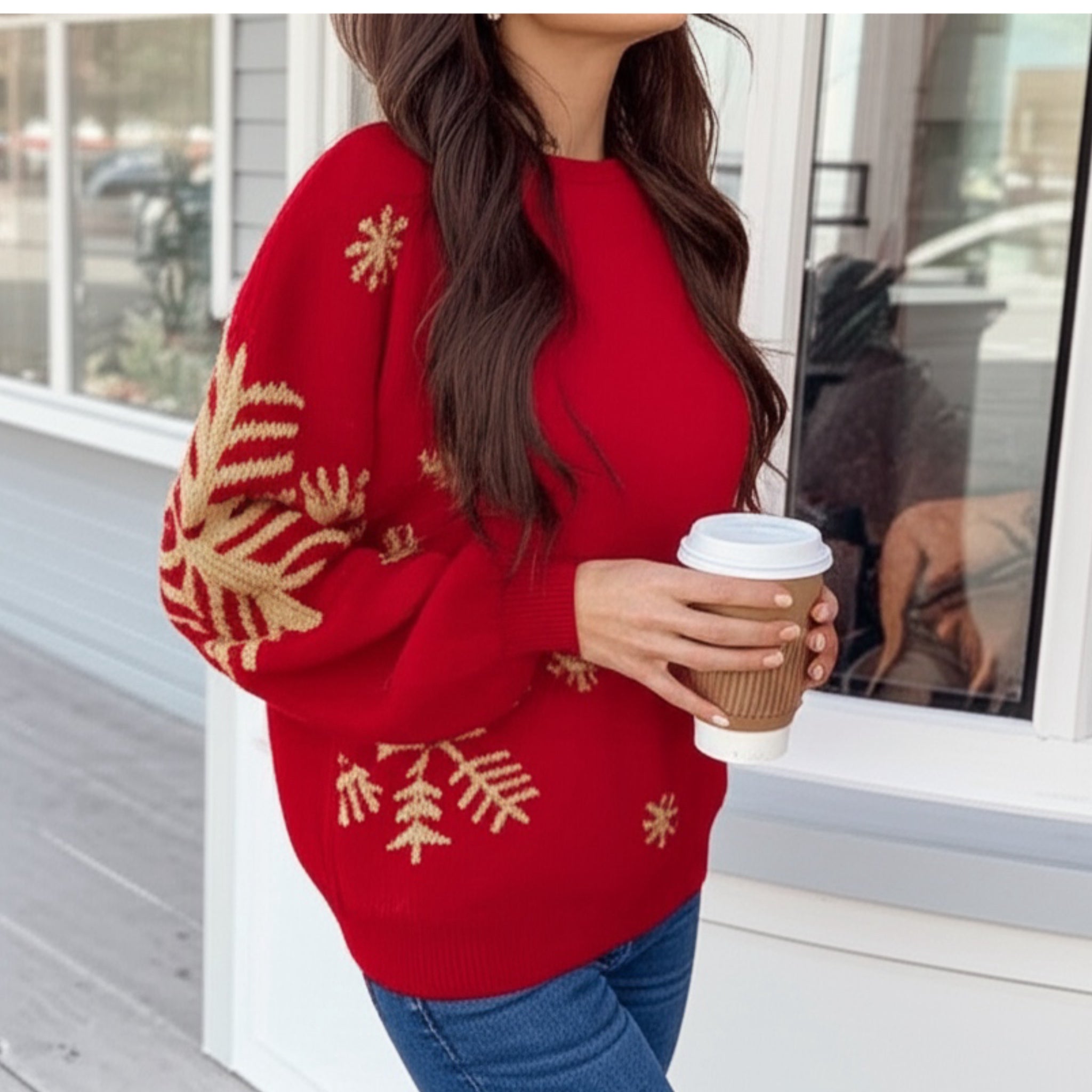 SOUTHERN GRACE Nightfall Frost Red Knit Sweater Gorgeous Gold Snowflakes