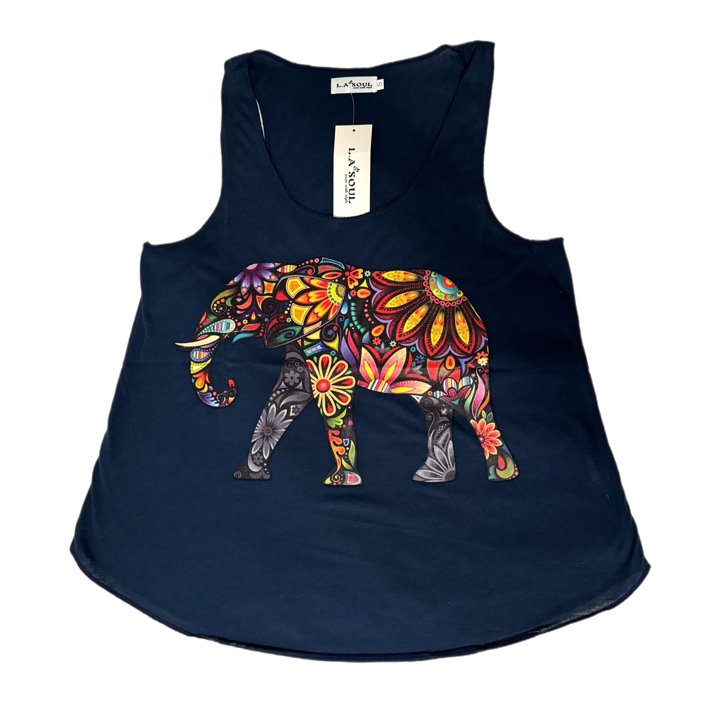 LA SOUL Navy Floral Peaceful Elephant Graphic Tank Top