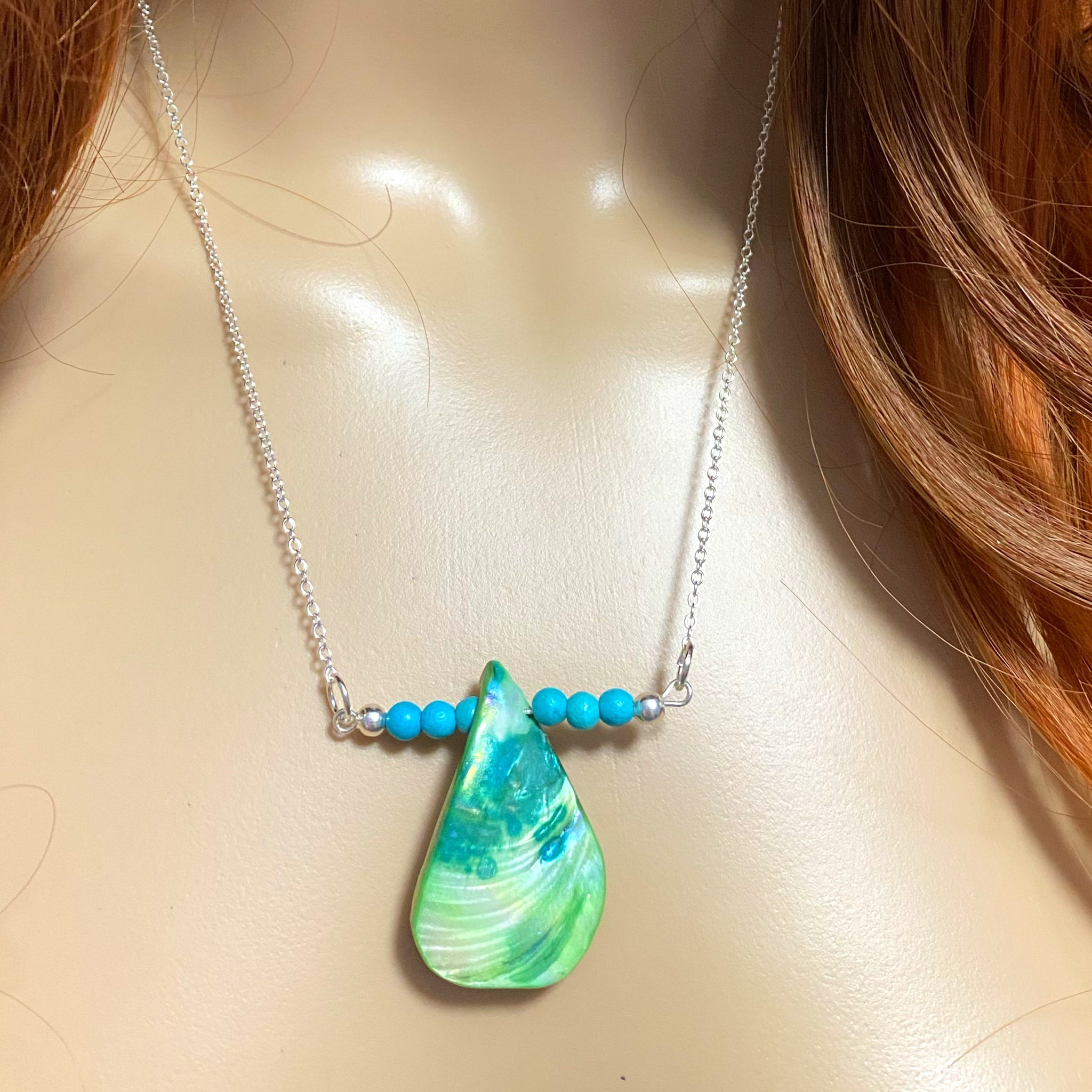 Turquoise Dream Iridescent Shell Pendant Necklace Stone Beads 925 Sterling Silver Plated
