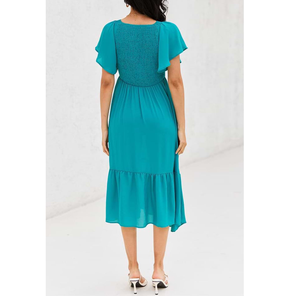 Ocean Blue Breezy Resort Dress Smocked Midi Ruffle Hem