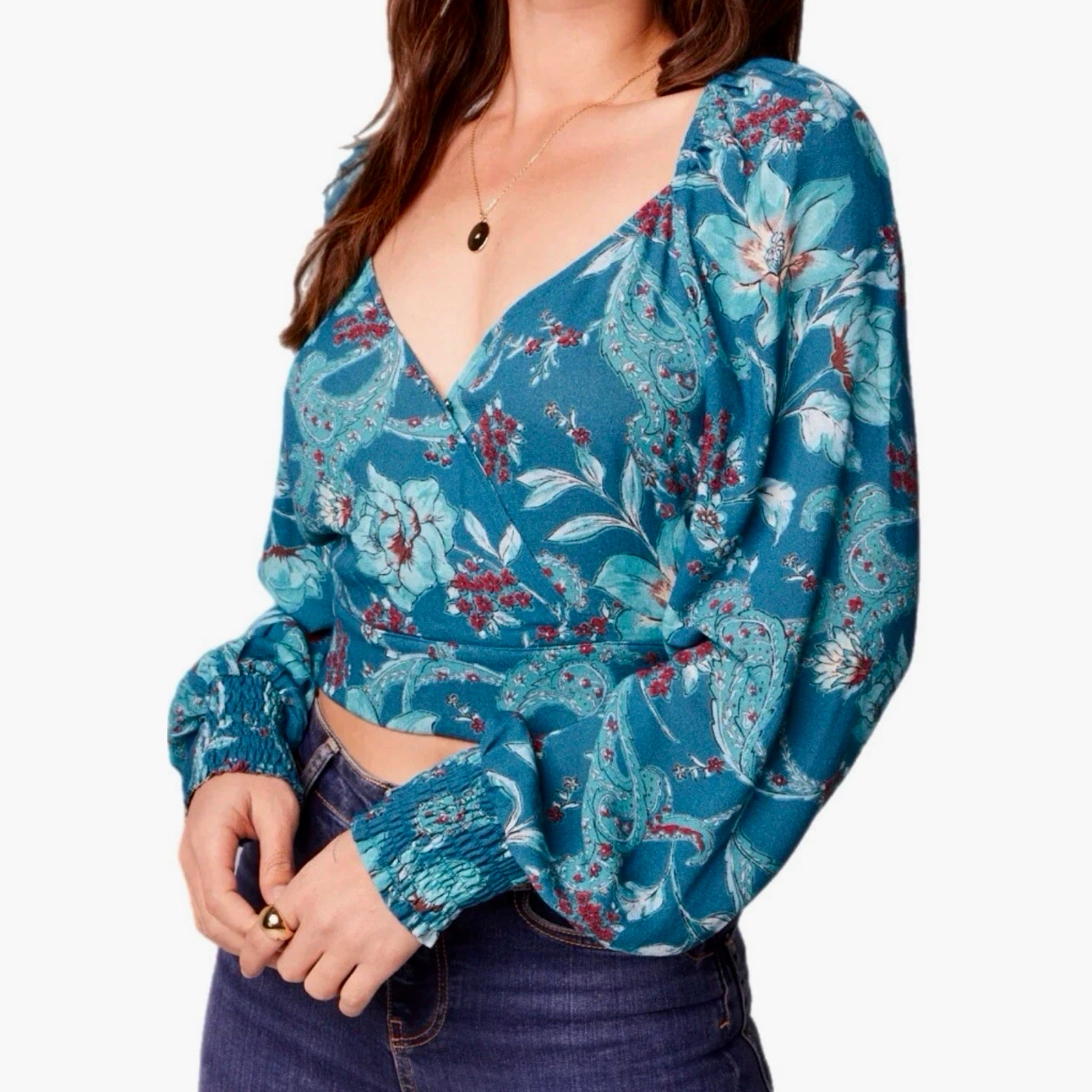 BAND OF THE FREE Sybille Teal Boho Floral Long Sleeve Crop Blouse