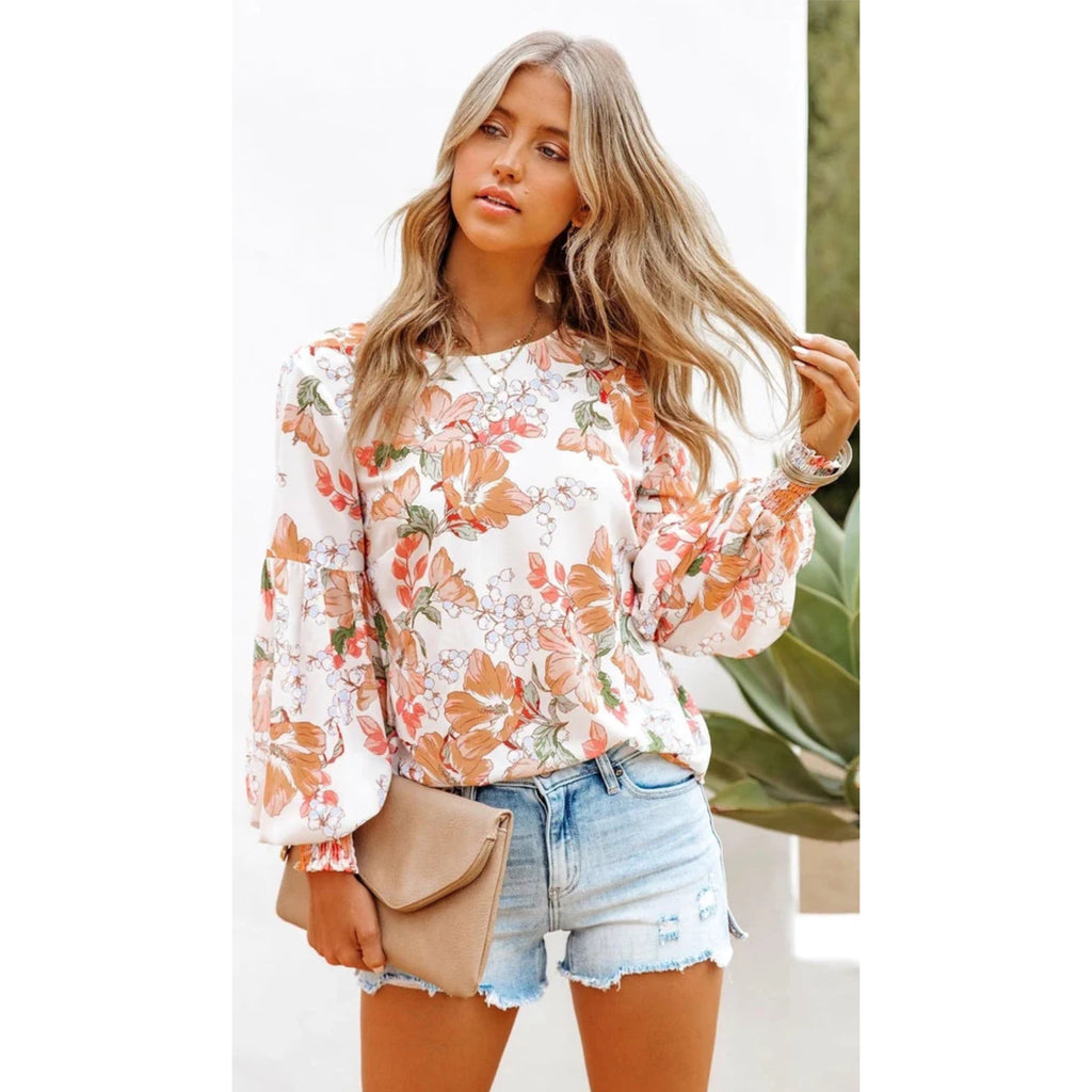 Aria Floral Balloon-Sleeve Blouse in Coastal Summer Peach & Ivory