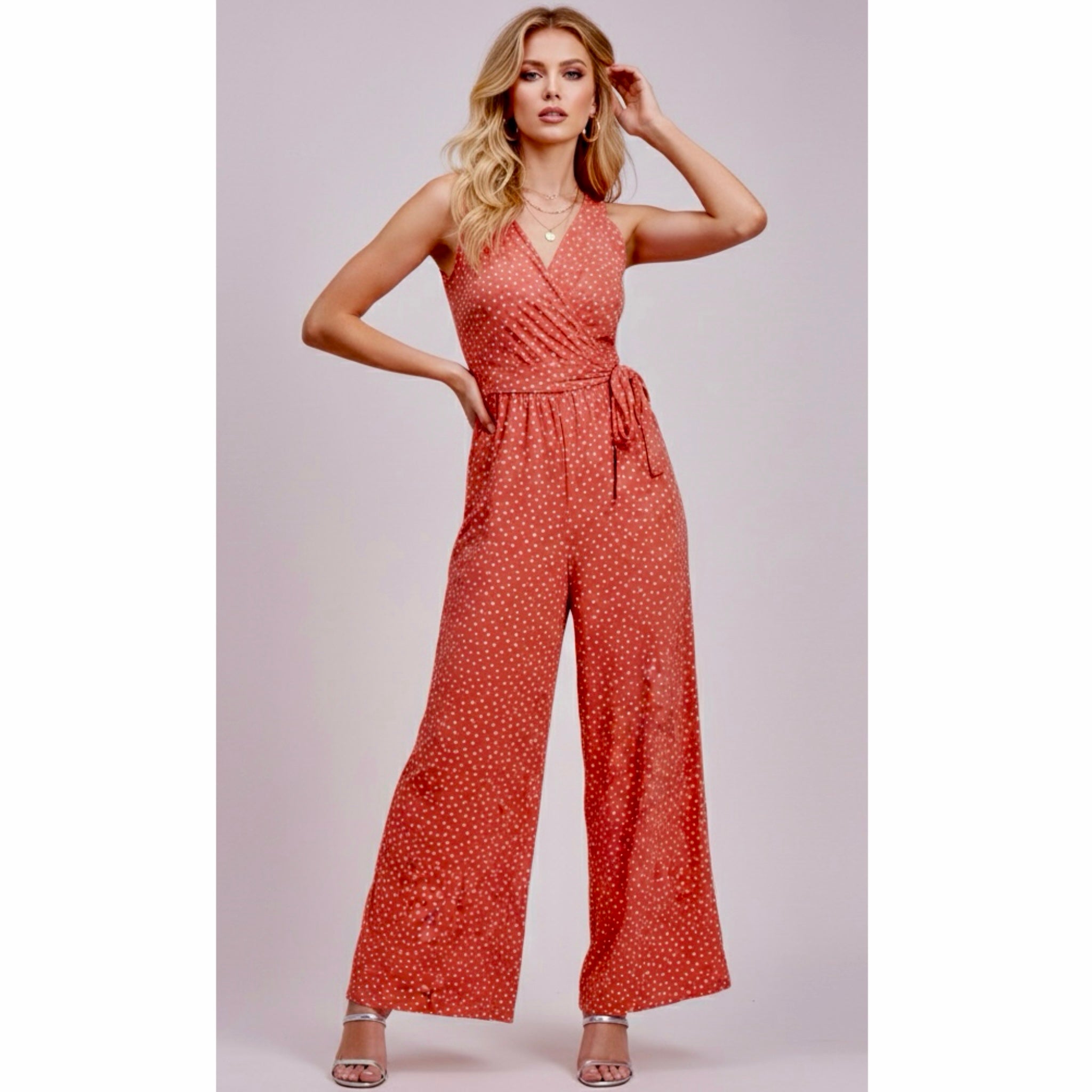 41 HAWTHORN STITCH FIX Pink Polka Dot Jumpsuit Wide Leg V-Neck