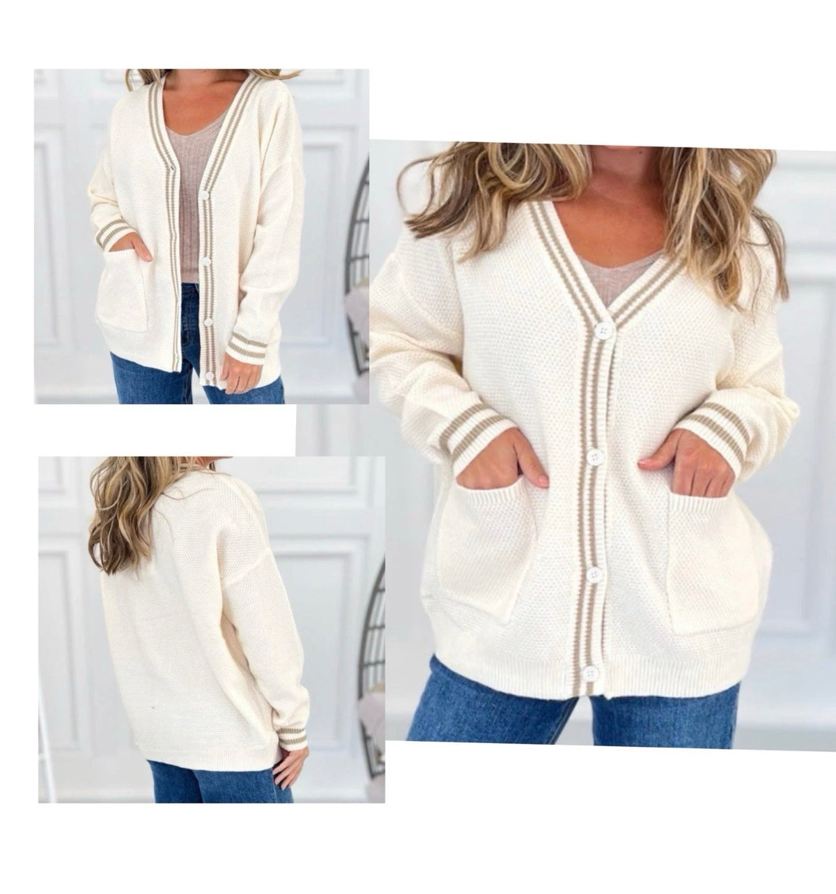 Grace & Emma Ivory & Taupe Trim Knit Preppy Lady Oversized Cardigan