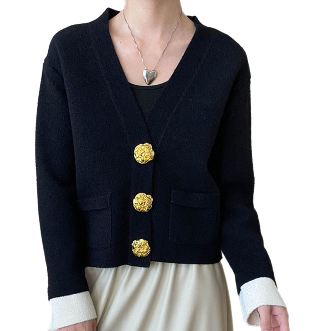 Diana Cardigan Knit Contrast Cuff Large Gold Snap Buttons Cream or Black