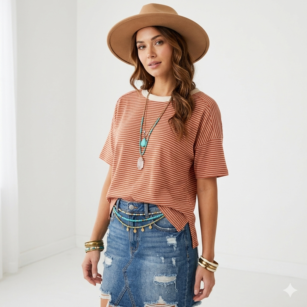LA MIEL Boho Chic Terracotta Striped Top Drop-Shoulder Tee
