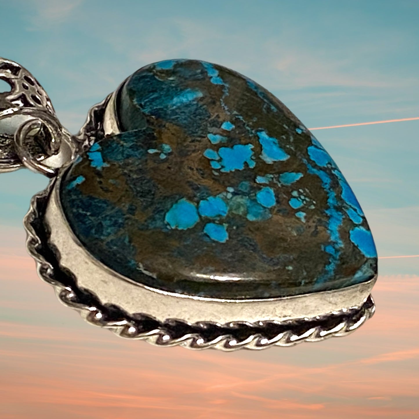 Western Turquoise Heart Pendant Necklace Silver Plated Metal Bezel, 18” Chain - East Coast Bella LLC