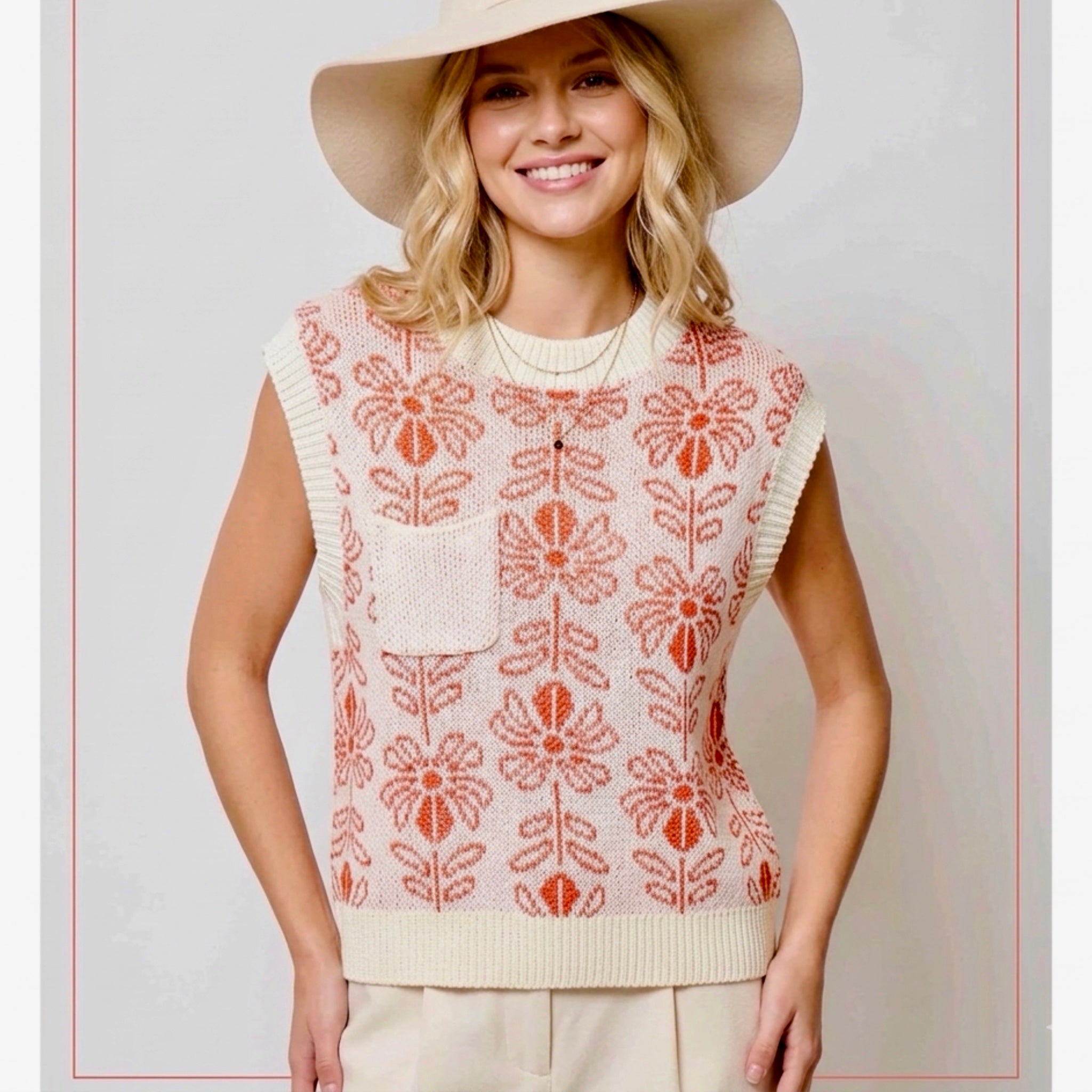 La Miel Floral Knit Sweater Vest Retro Revival Sleeveless Top- Burnt Orange