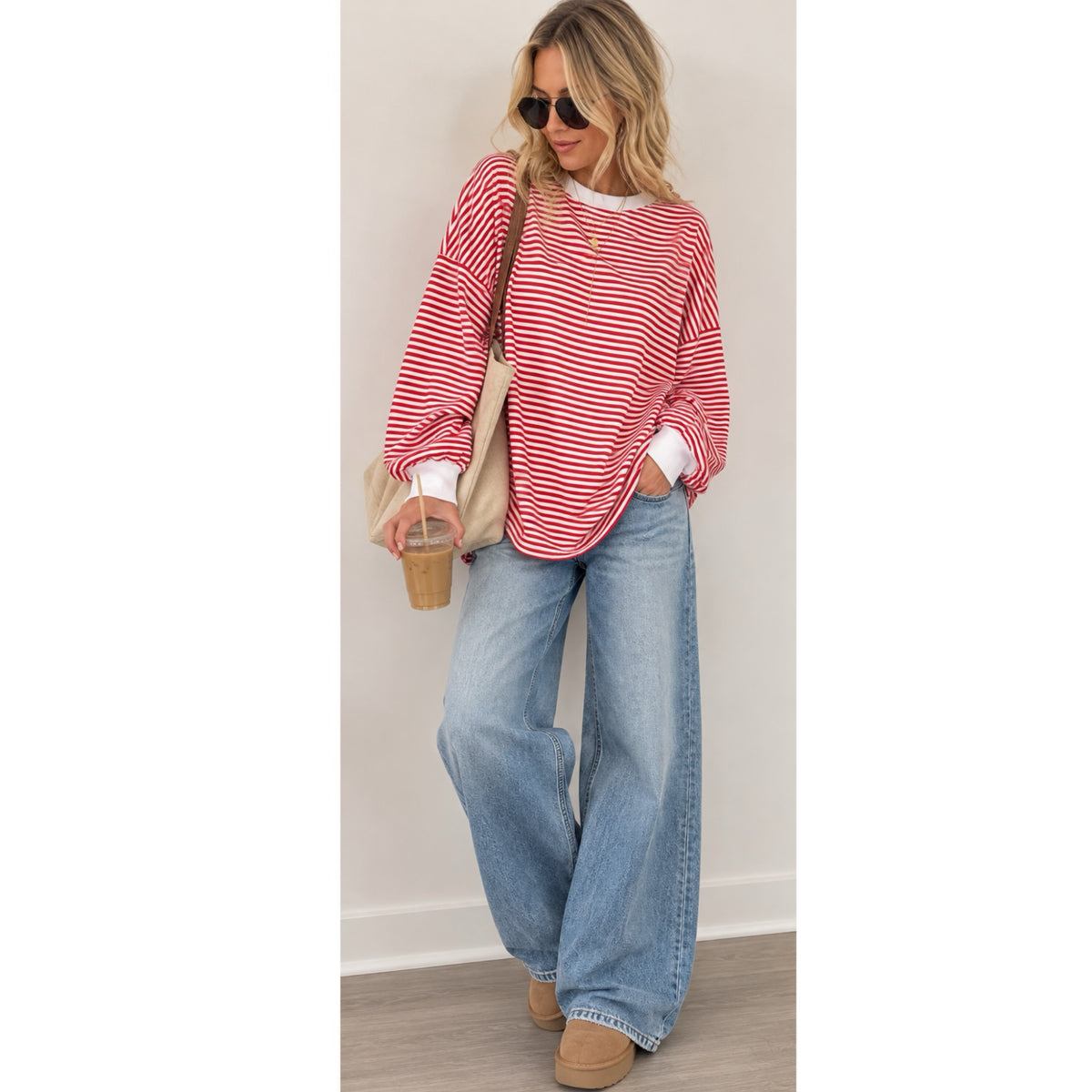 La Miel Red & White Striped Oversized Long Sleeve Top