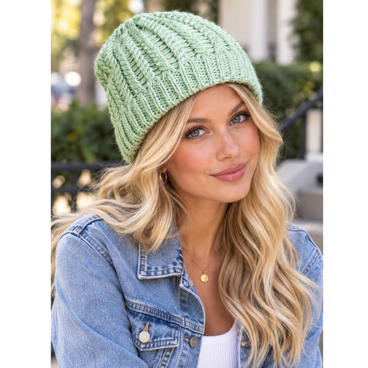 Mint Green Pique Rib Knit Beanie – Cozy Textured Winter Hat