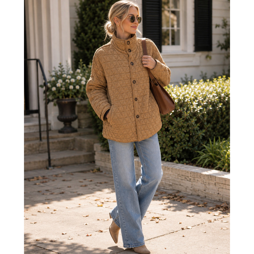 La Miel Quilted Button-Down Jacket-Oversized Shacket in Sand Castle