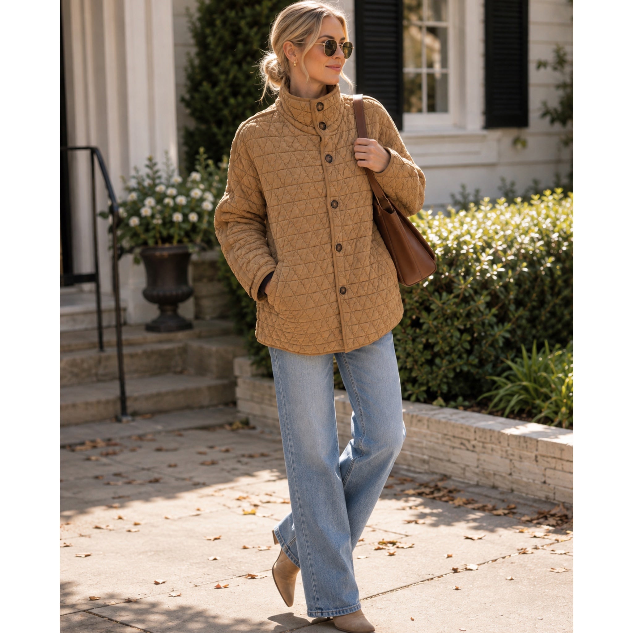 La Miel Quilted Button-Down Jacket-Oversized Shacket in Sand Castle