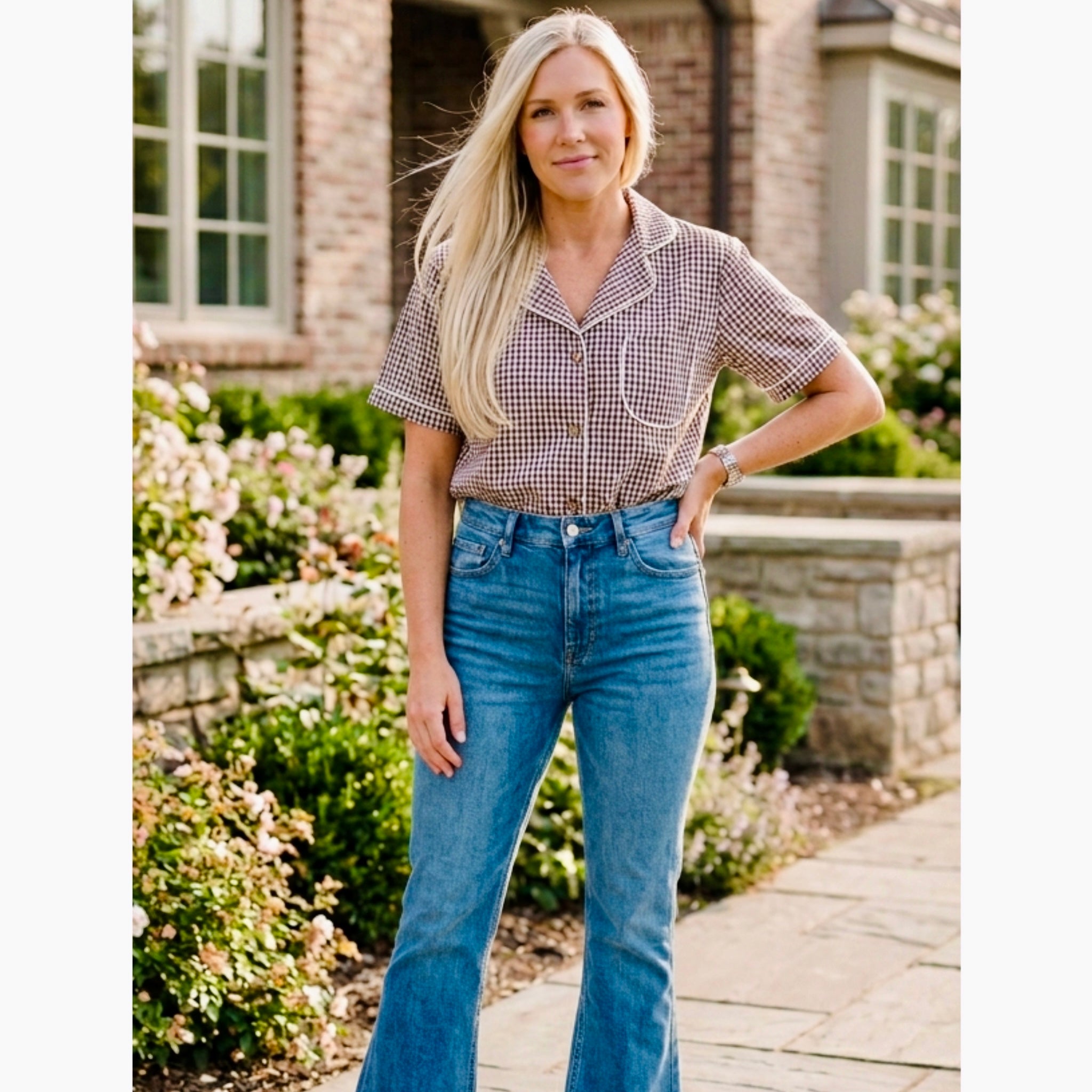 POL Gingham Check Retro Inspired Button Up Top 100% Cotton Blouse