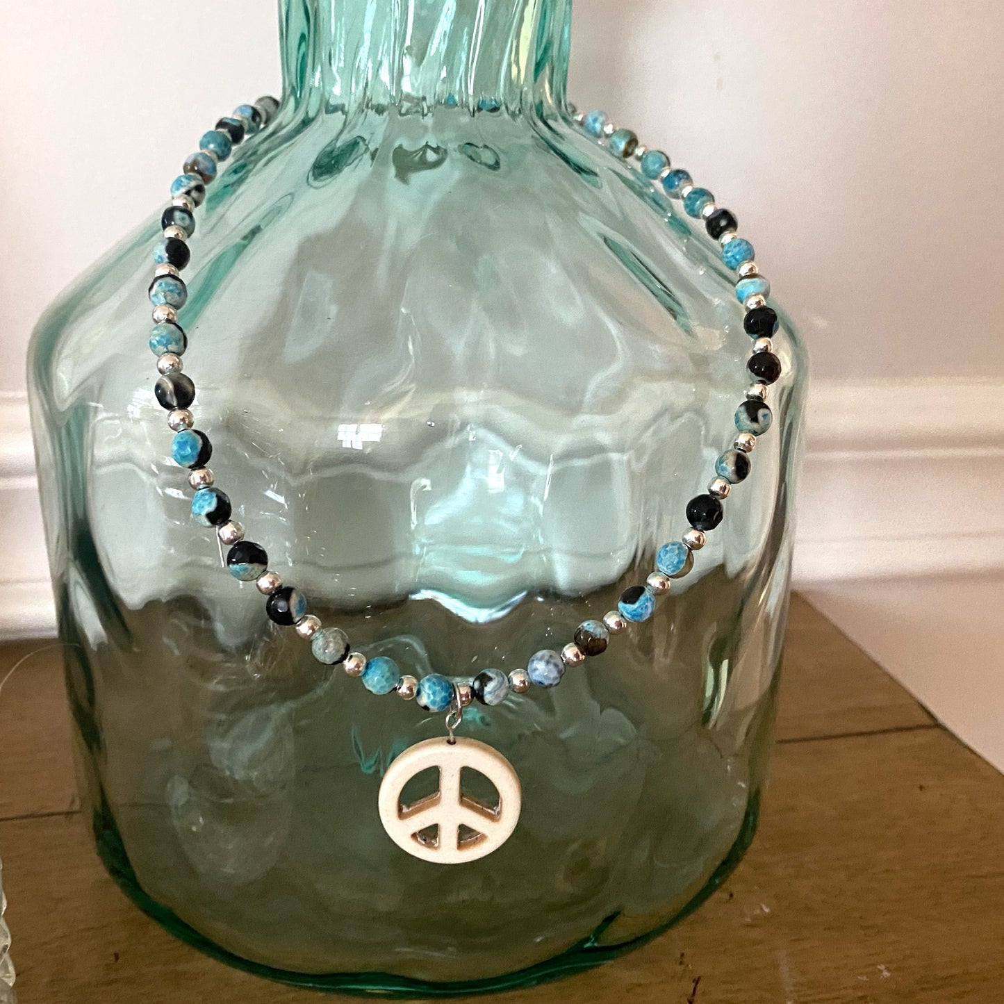 Handmade Beaded Hippie Necklace Ocean Blue Agate Stone Boho Peace Pendant 17”