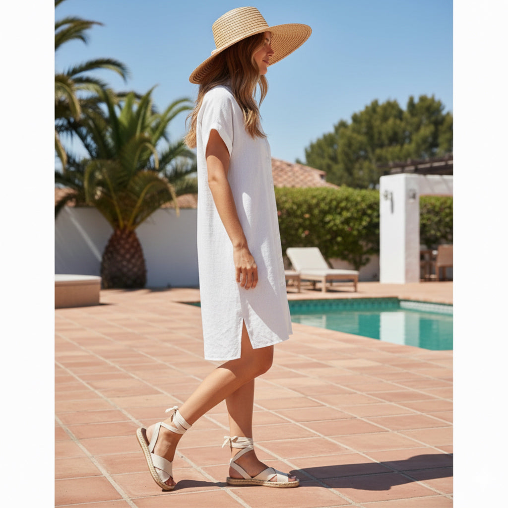 CALVIN KLEIN Womens White Linen Blend Button Front Midi Shirt Dress Size 4