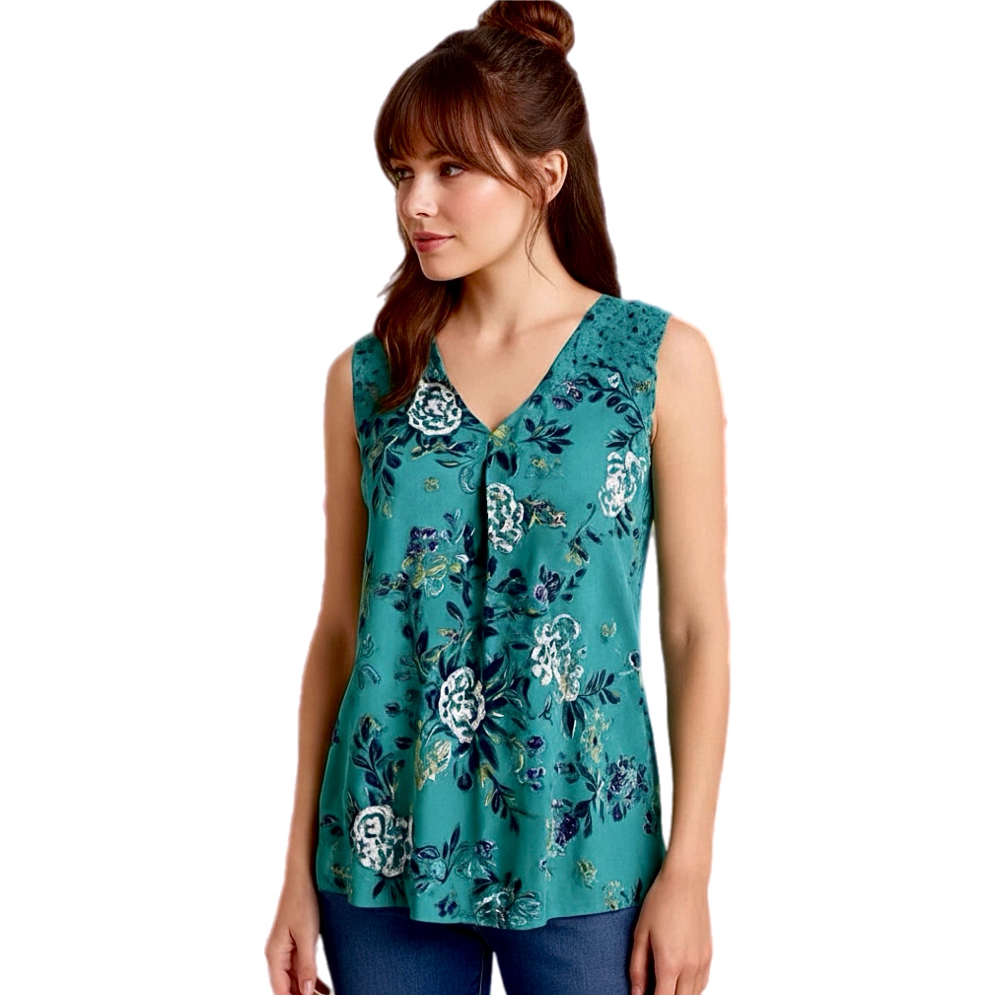 Daniel Rainn Tropical Green Floral Sleeveless Blouse Crochet Lace