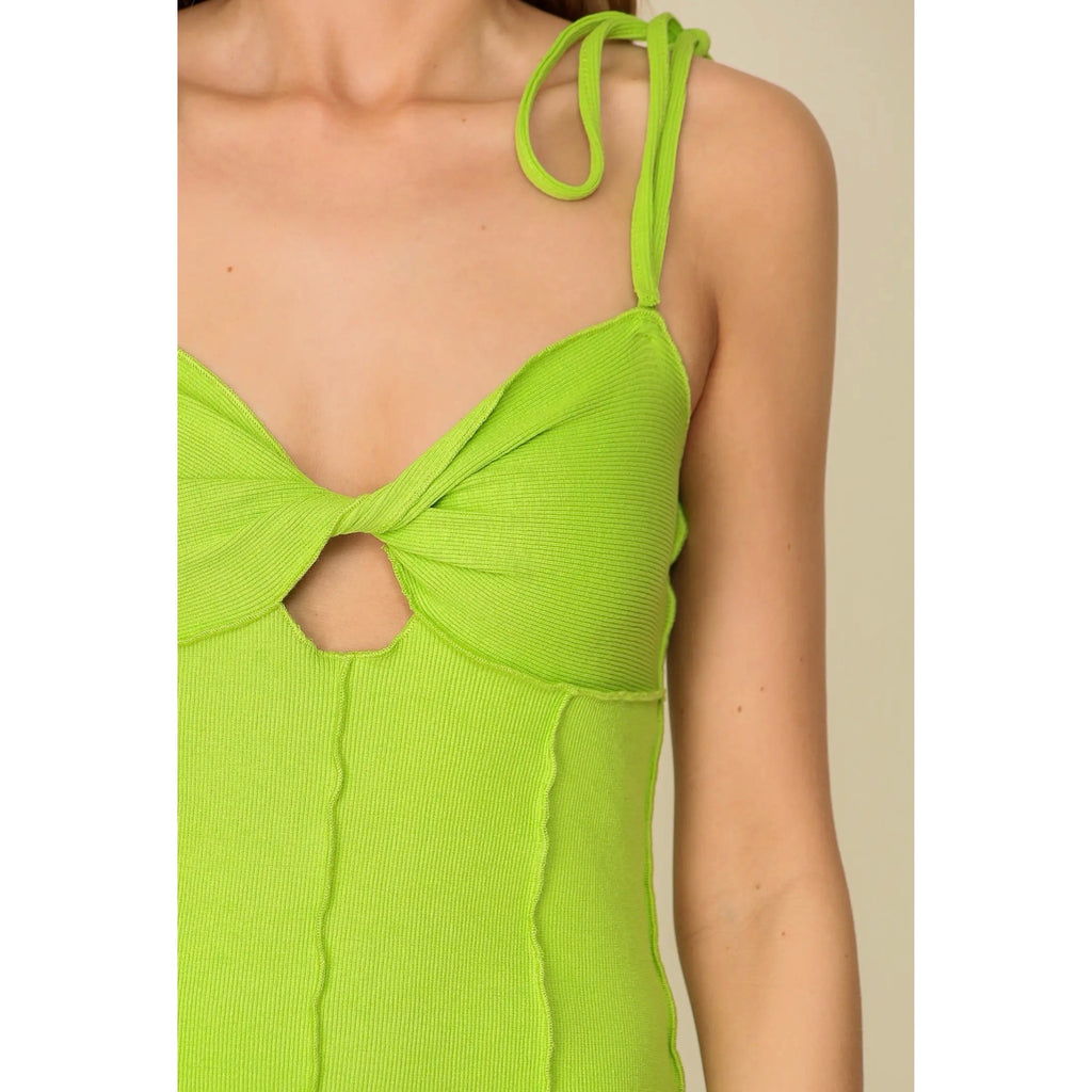 LUMIERE Twist Front Dress Ribbed Knit Mini Tie Strap in Margarita Lime