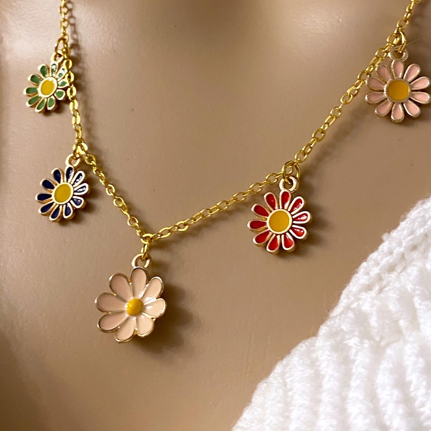 Boho Spring Flowers Gold Tone Charm Necklace Colorful Daisies - East Coast Bella LLC