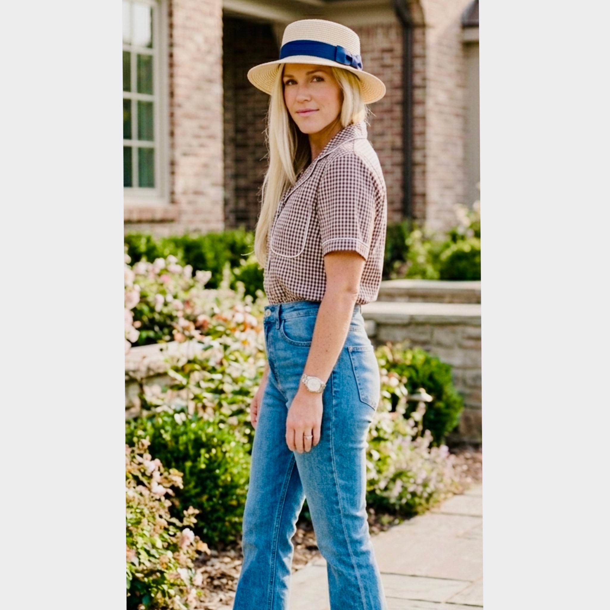 POL Gingham Check Retro Inspired Button Up Top 100% Cotton Blouse