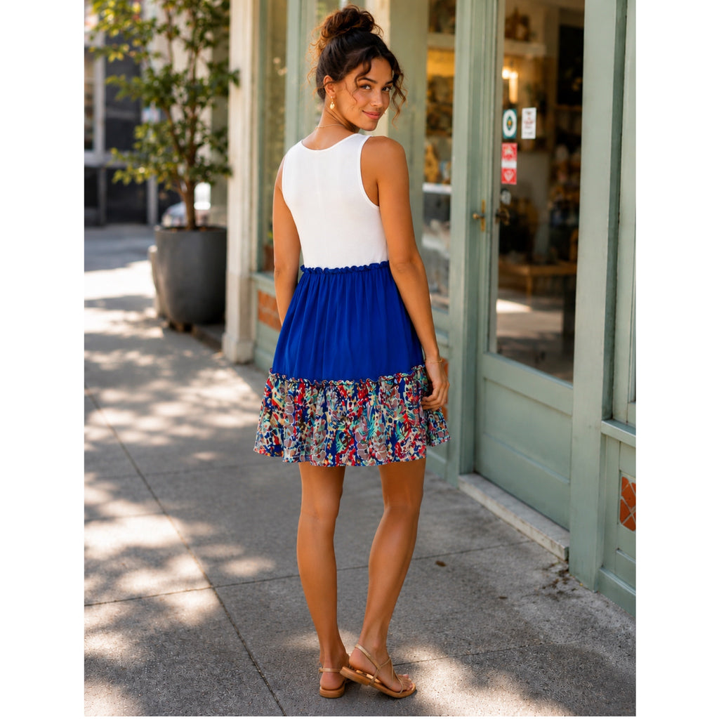 Beeson River Dress Ivory Color Block Royal Blue Floral Accent Sleeveless Mini