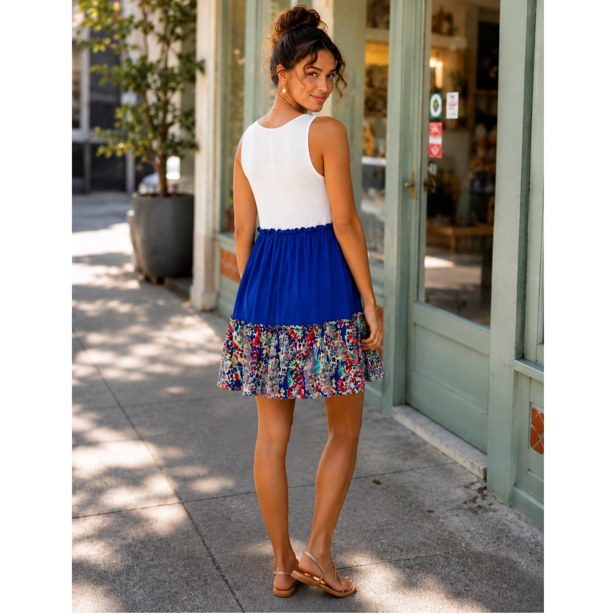 Beeson River Dress Ivory Color Block Royal Blue Floral Accent Sleeveless Mini