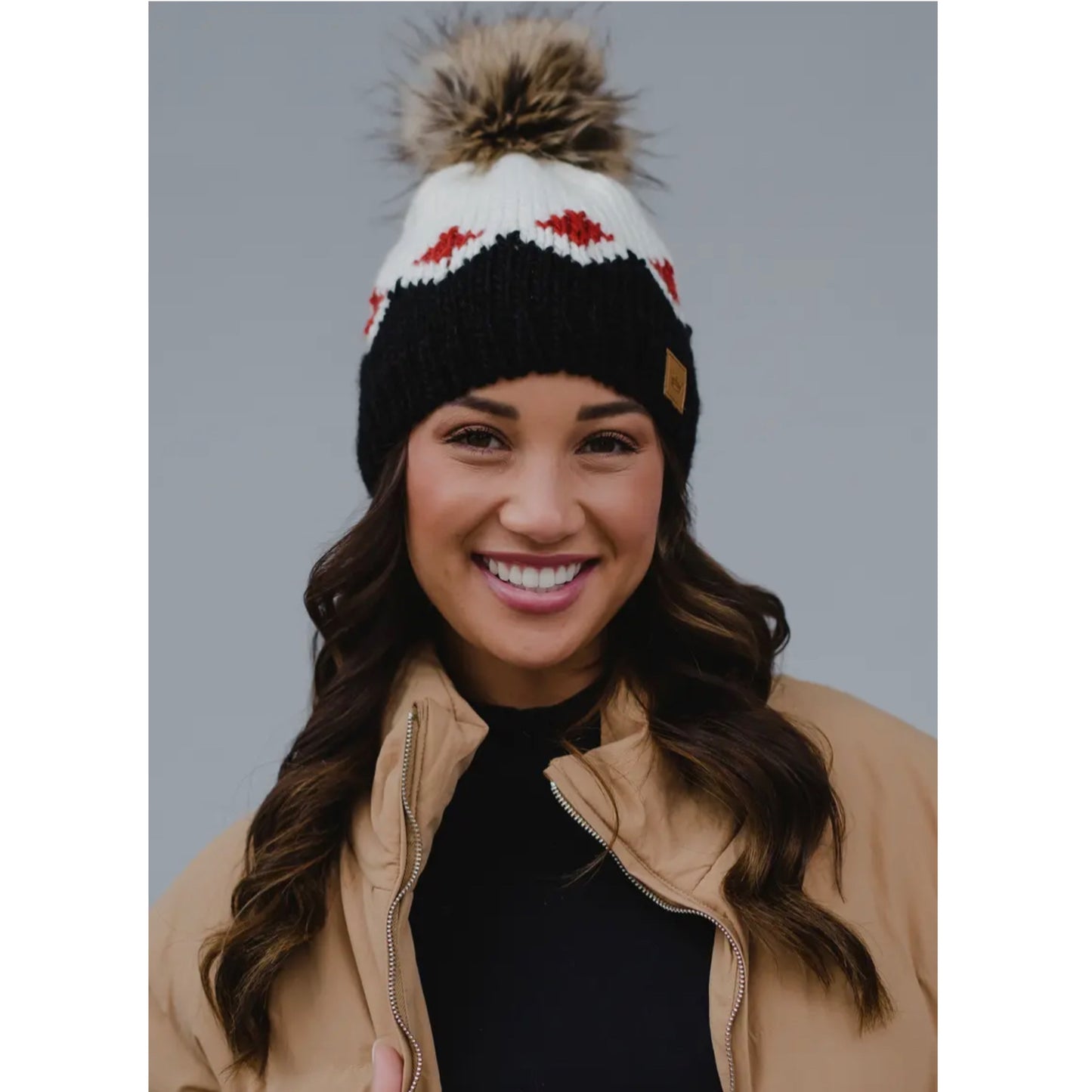 PANACHE Vegan Fur Puff Knit Hat in White, Rust & Black Pattern - East Coast Bella LLC