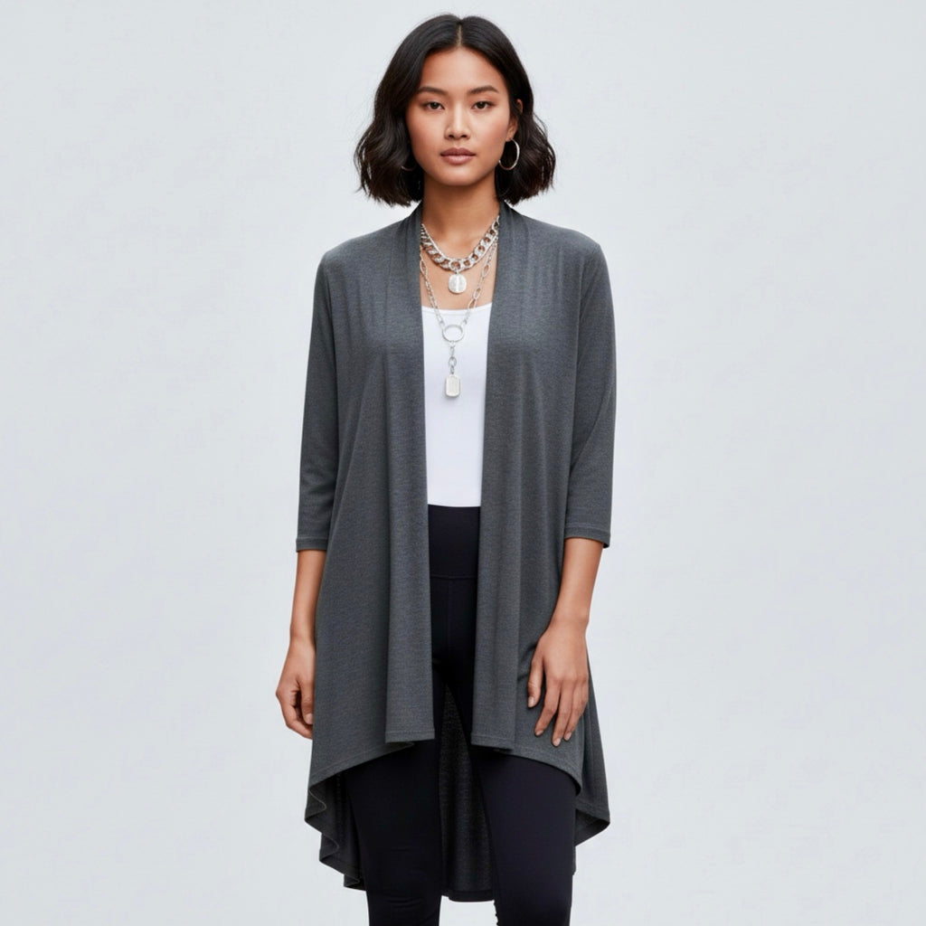 ReneeC. Bamboo Cardigan High Low Open Front Duster Made in USA in Charcoal Gray