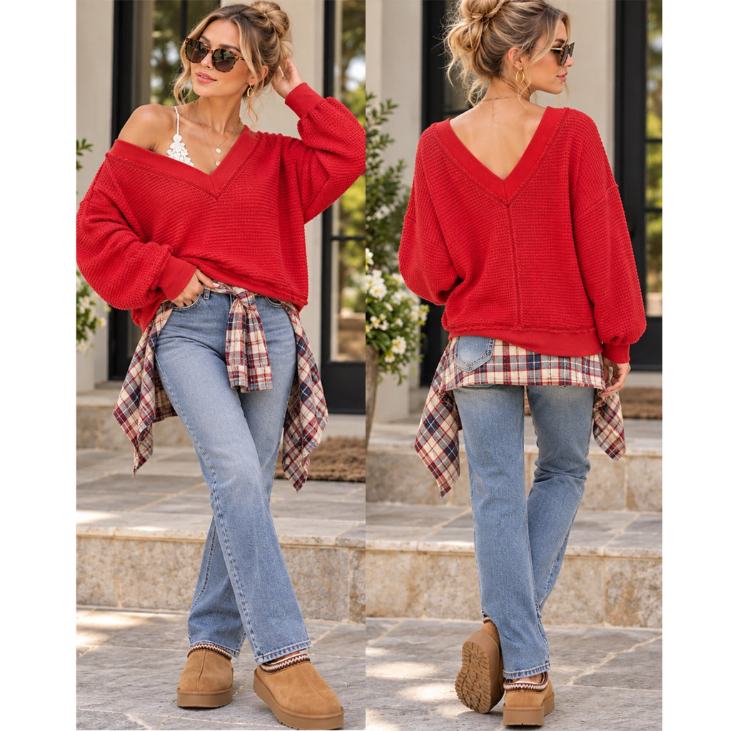 La Miel Waffle Knit V-Neck Sweater Long Sleeve Top in Coral Red