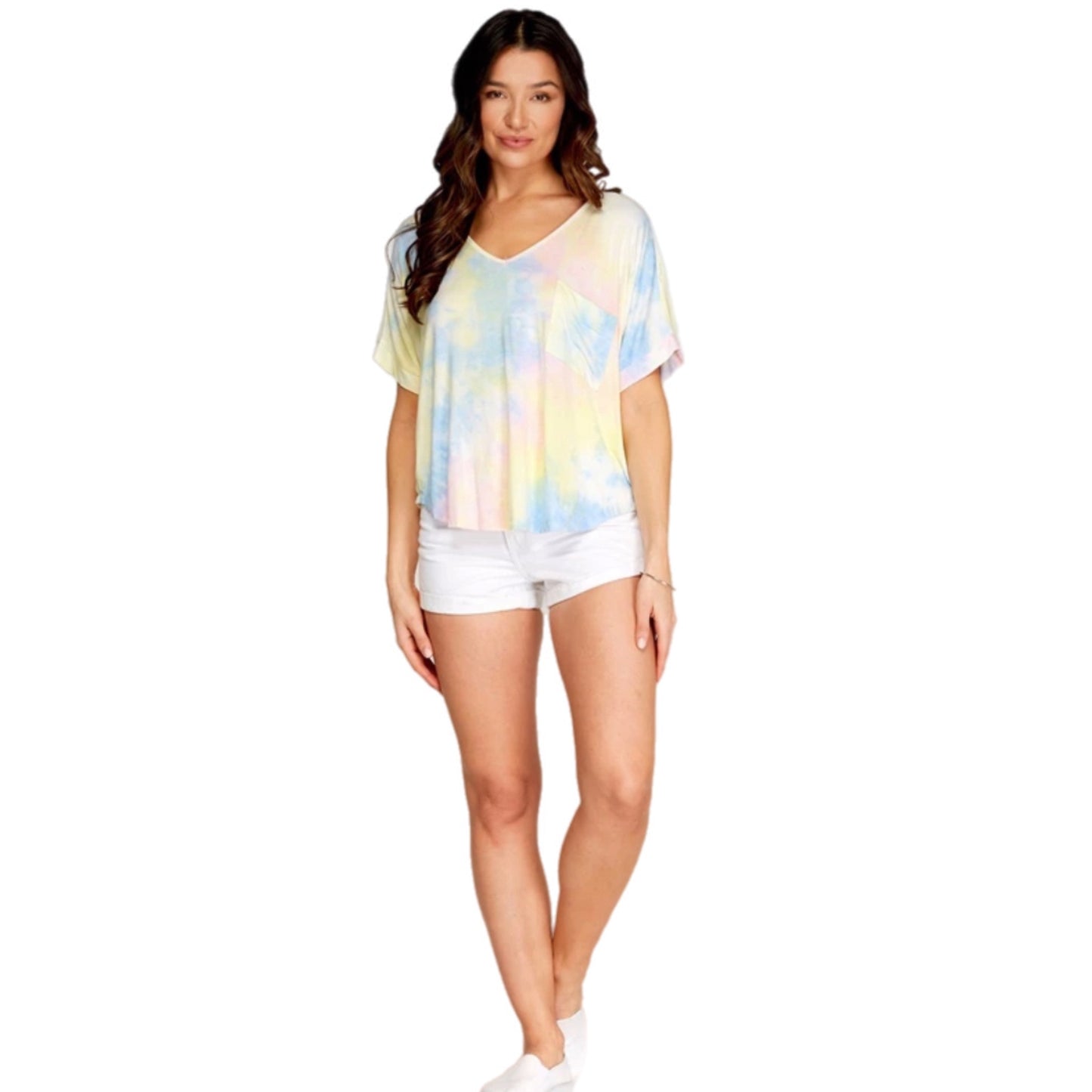 She + Sky Drop Shoulder V Neck Tie Dye Knit Top Blue Short Sleeve (S, M, L)