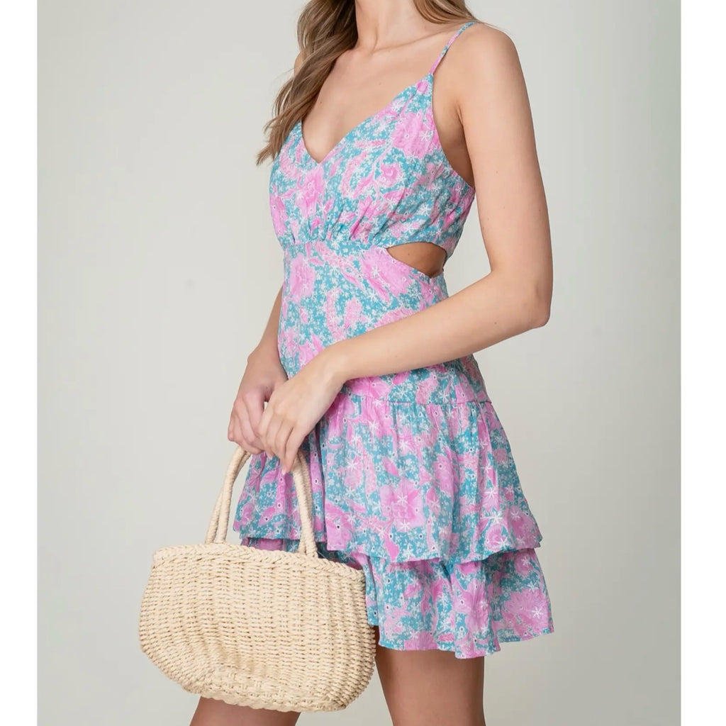 Lumiere Coastal Pink & Blue Embroidered Floral Tiered Mini Dress Ruffle